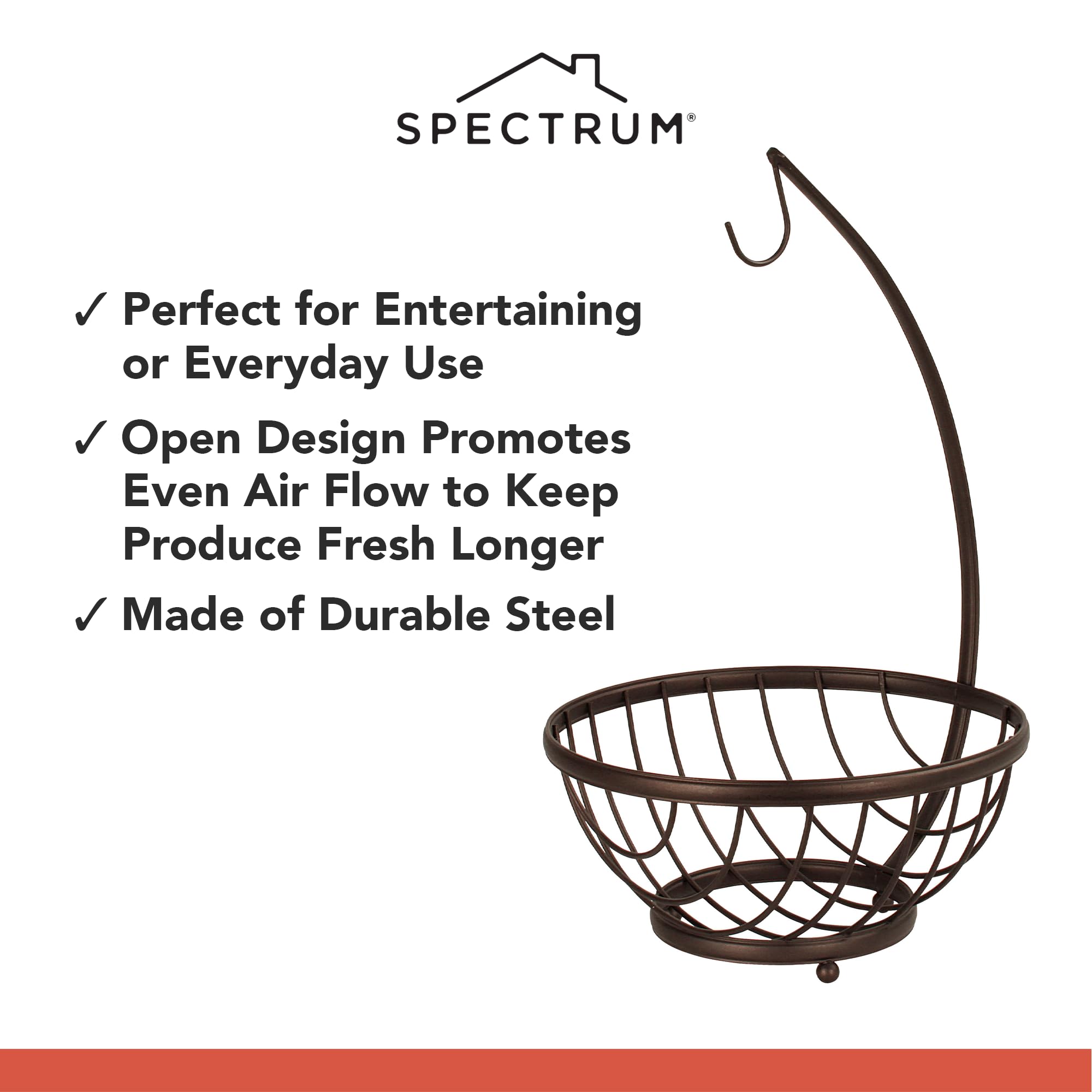 Spectrum Ashley Open Wire Fruit Basket with Banana Hanger - Kitchen Countertop Vegetable & Fruit Bowl Organizer - Produce Storage Stand for Bananas, Apples, Oranges - Perfect for Kitchen, Dining Room, Pantry Organization