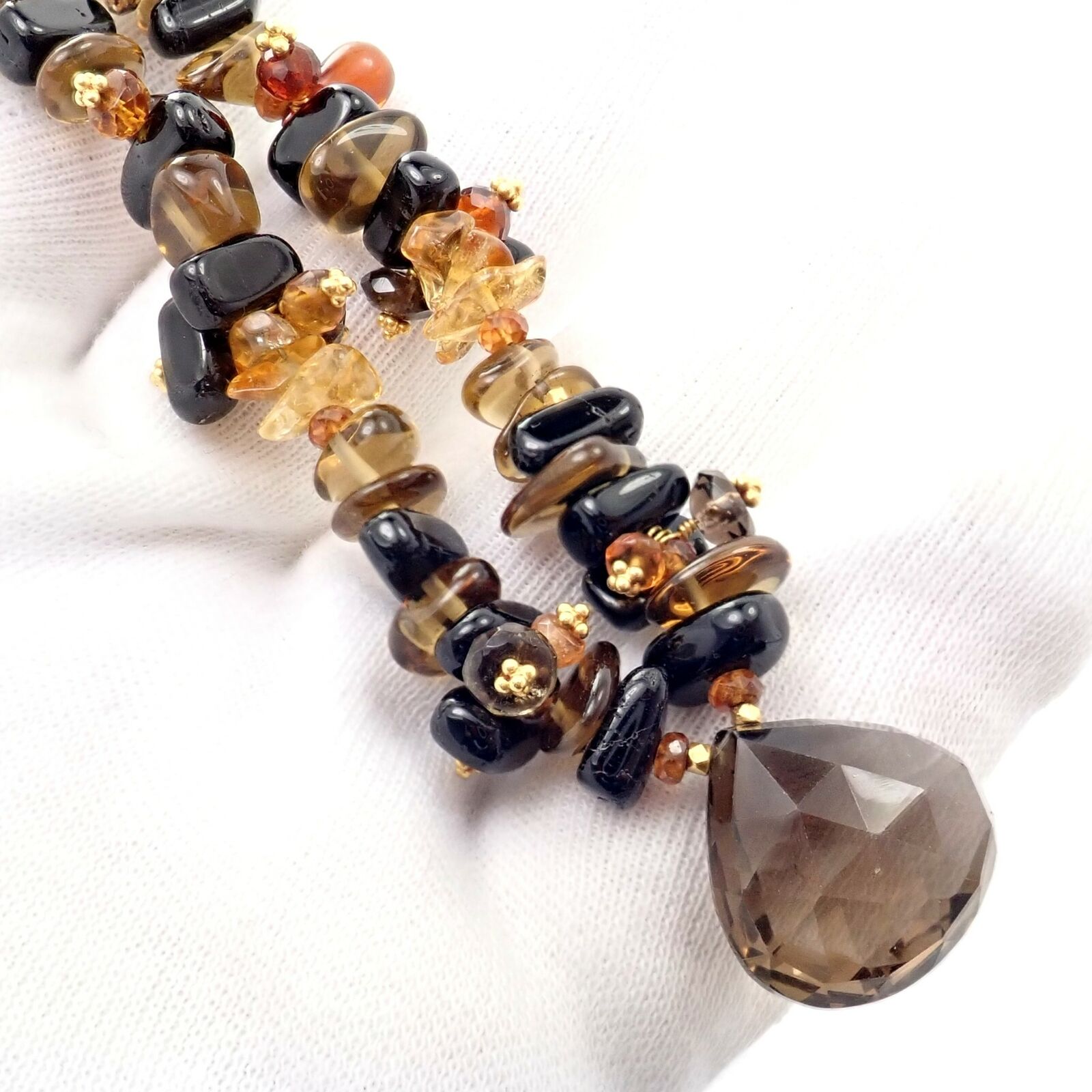 18K Yellow Gold Briolette Smokey Topaz Onyx Bead Necklace for Women - Elegant Statement Jewelry for Evening Parties & Special Occasions