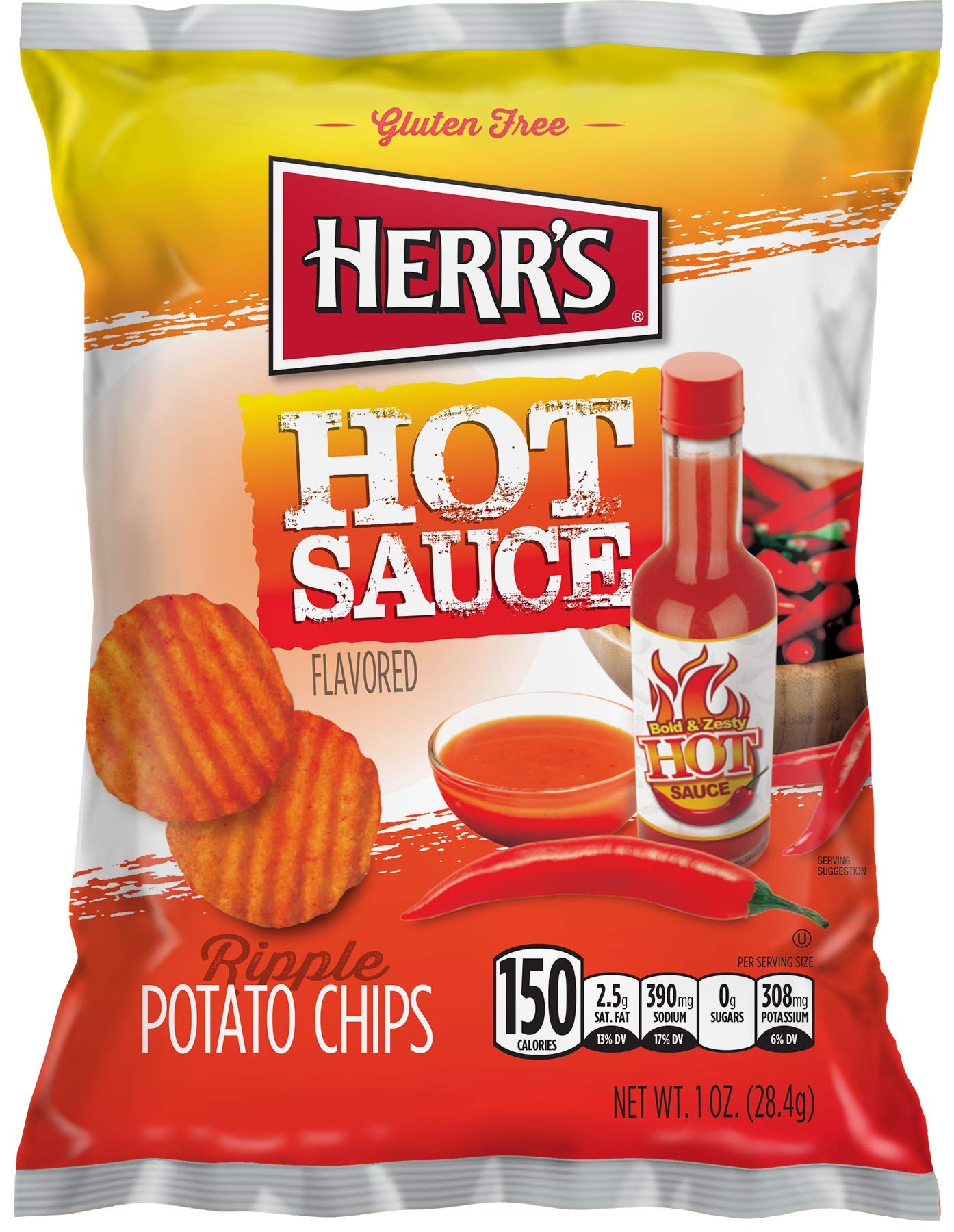 Herr's Hot Sauce Ripples Potato Chips 1 Oz (Pack of 7) - Spicy Snacks for Parties, Game Nights & On-the-Go Snacking