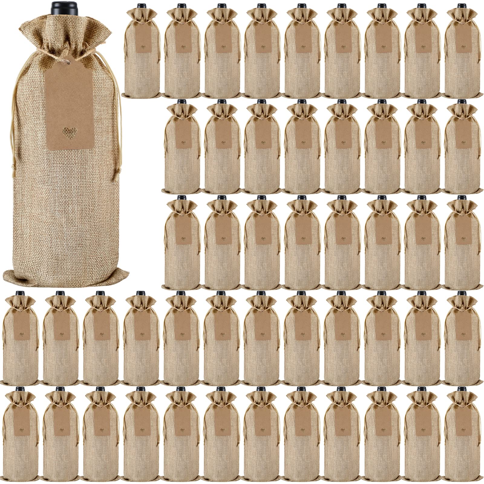 50 Pcs Bulk Burlap Wine Bags with Drawstrings - Reusable Wine Bottle Gift Bags Set Includes Gift Tags & Ropes for Birthday, Holiday, Party, Blind Tastings - Perfect for Home Storage, Wine Tastings & Wedding Favors