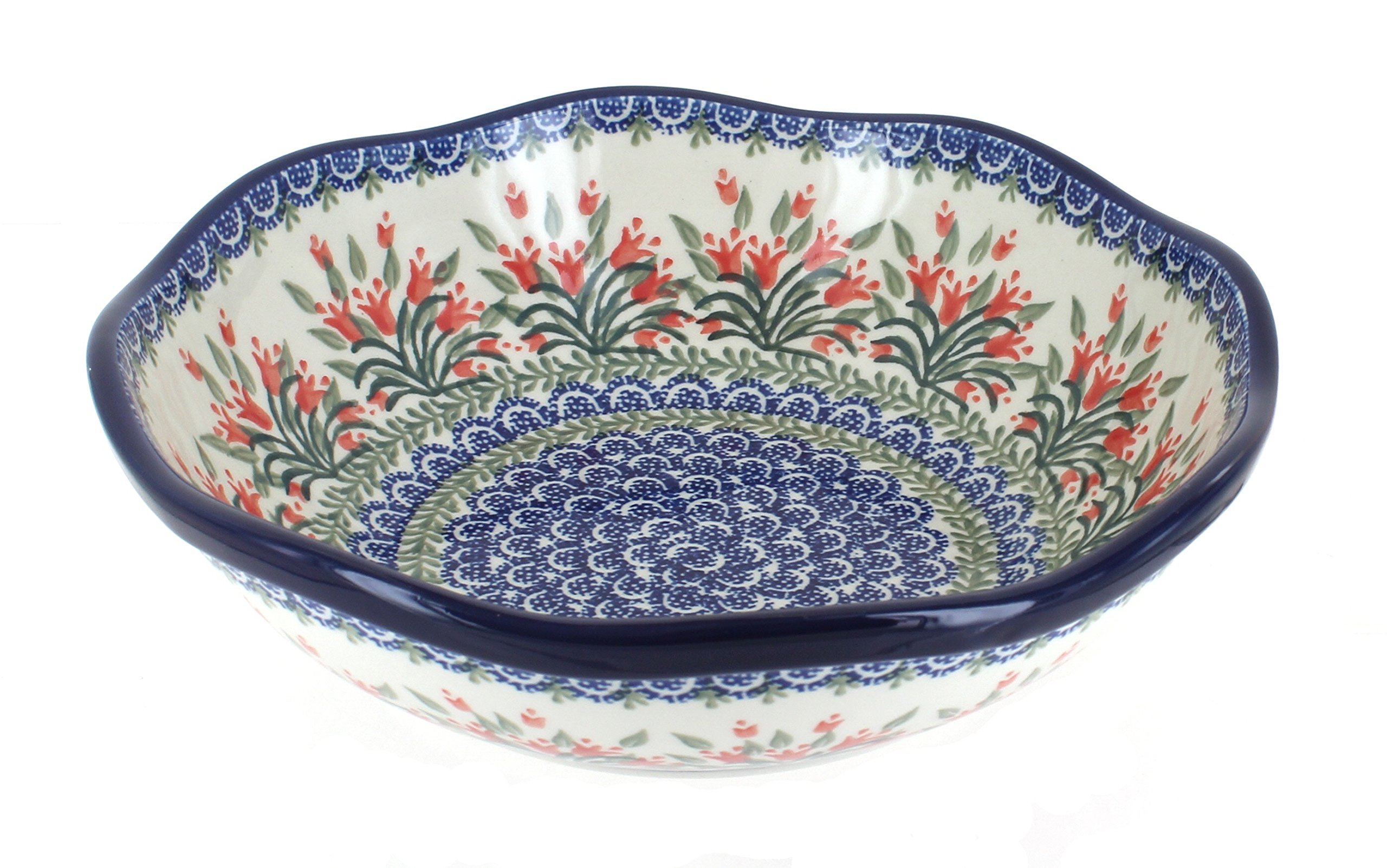 Handmade Blue Rose Polish Pottery Bowl - Large Scalloped Tulip Design for Spring - Perfect for Serving Salads, Desserts or as Decorative Tableware