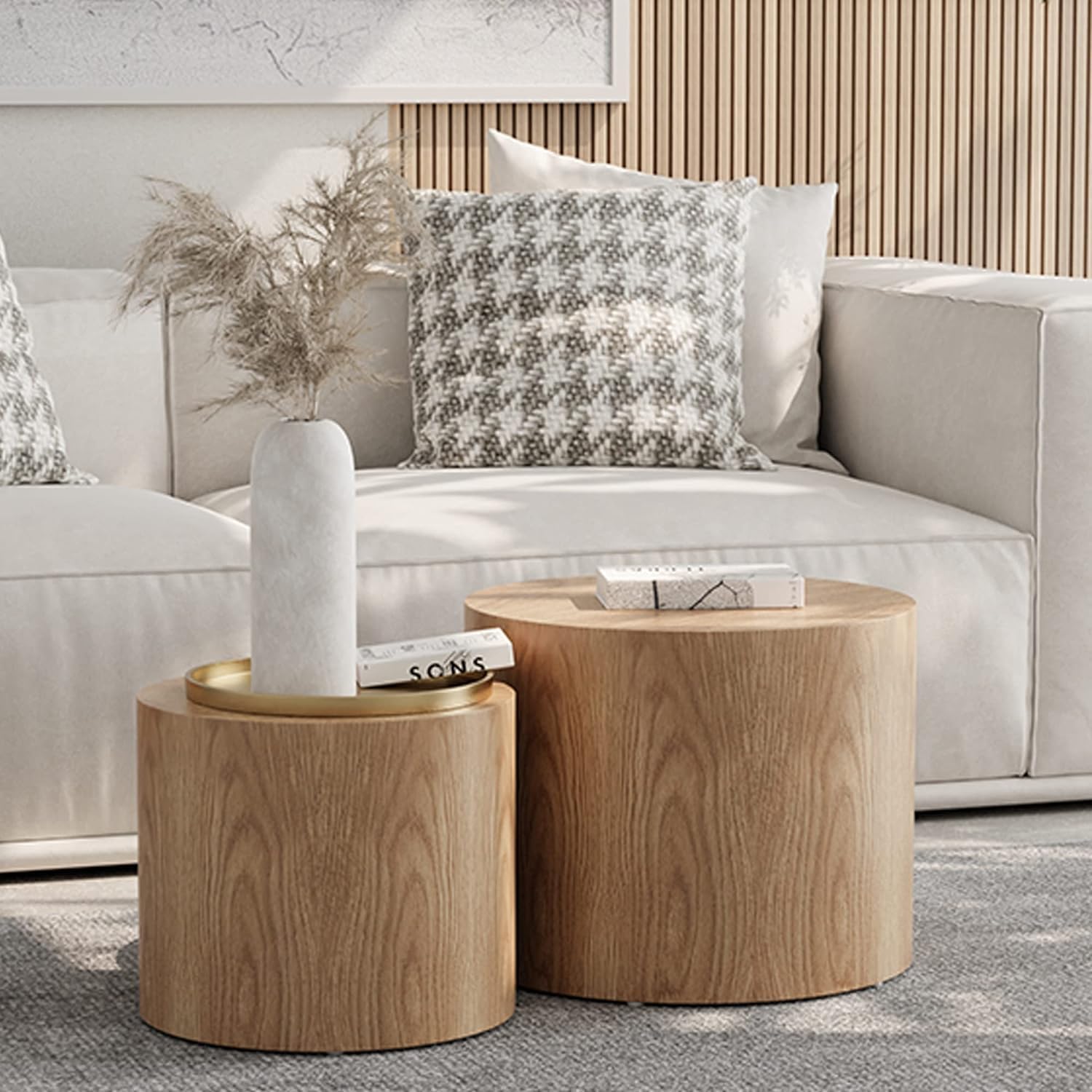 Modern Round Nesting Coffee Table Set of 2 - Solid Oak Wood with Non-Slip Feet - Space-Saving Accent Tables for Living Room, Bedroom, Office & Balcony - Perfect as Side Table, Drum Table or Small Space Decor