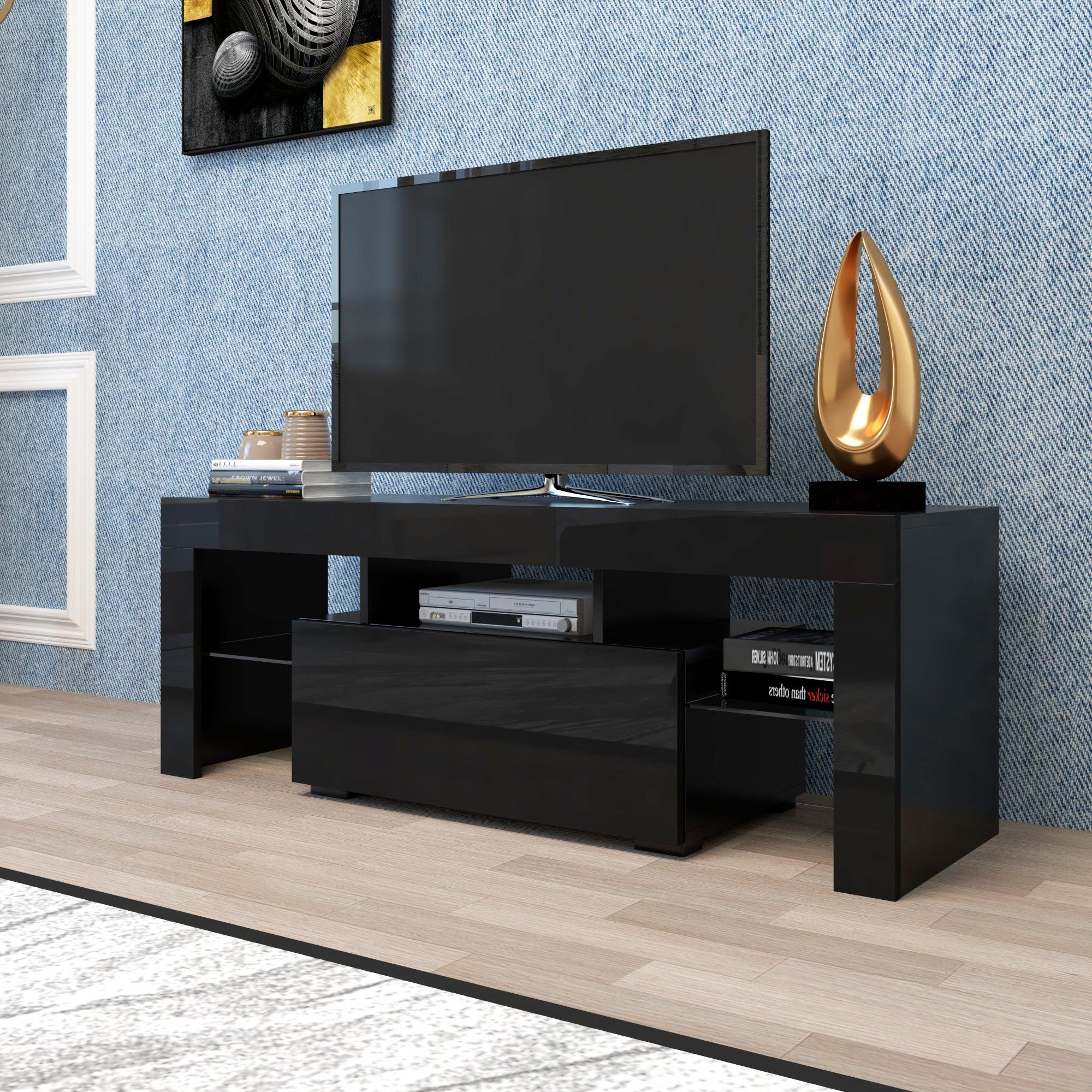 Black TV Stand with LED RGB Lights - Modern Flat Screen TV Cabinet for Gaming Consoles - Perfect for Living Room, Bedroom & Lounge Room Decor (Black) - Ideal for Movie Nights & Gaming Setup