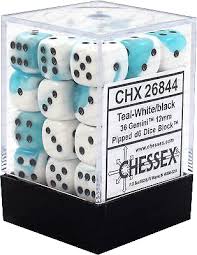 Chessex 36-Pack Teal & White with Black Gemini 12mm Pipped D6 Dice Set - Perfect for Tabletop RPGs, Board Games, and D&D Adventures