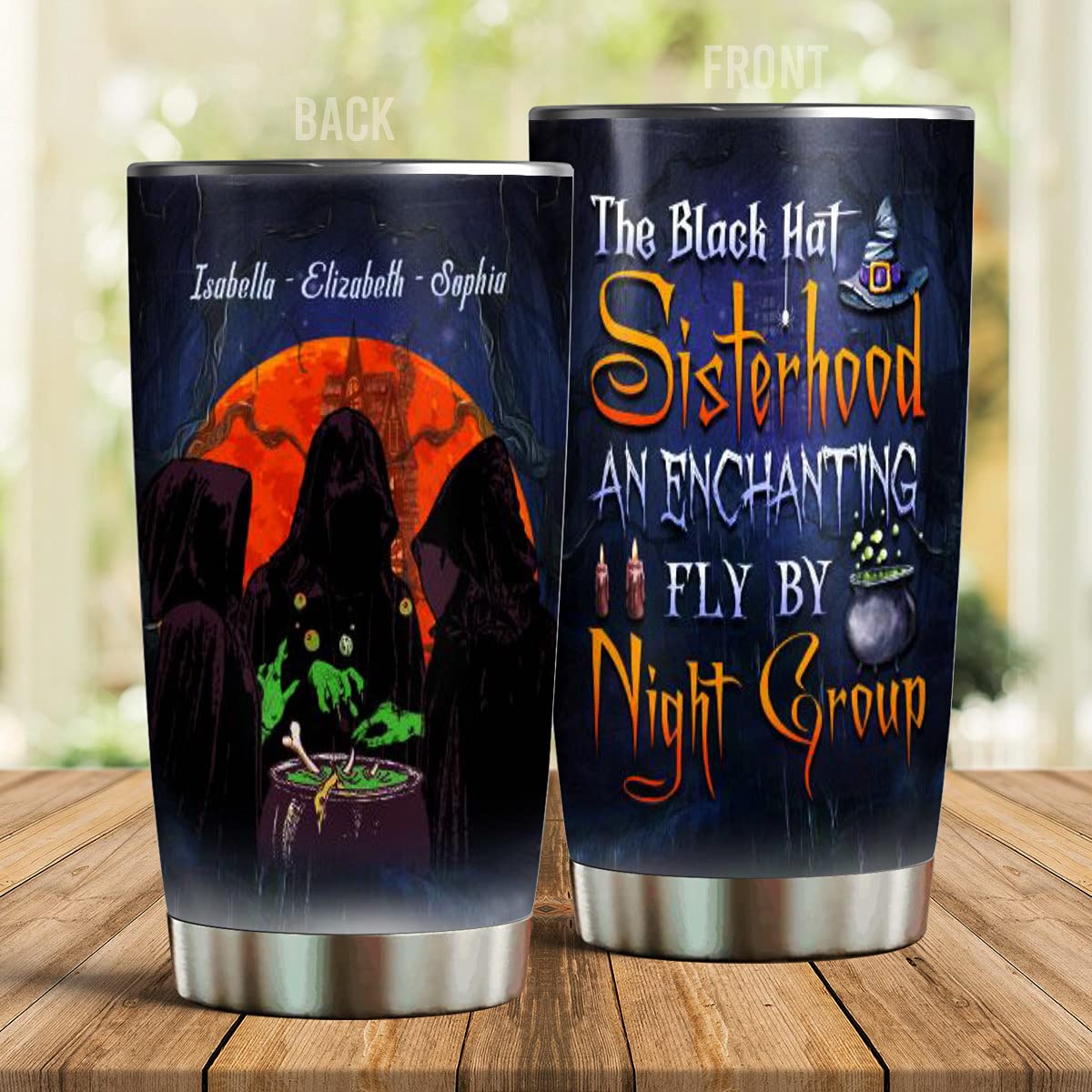 Germini Personalized 20Oz Stainless Steel Tumbler - The Black Hat Sisterhood Fly By Design - Best Gift for Sisters, Besties & Friends - Halloween Themed Sister Tumbler - Perfect for Coffee, Tea & Cold Drinks at Work, School or Travel