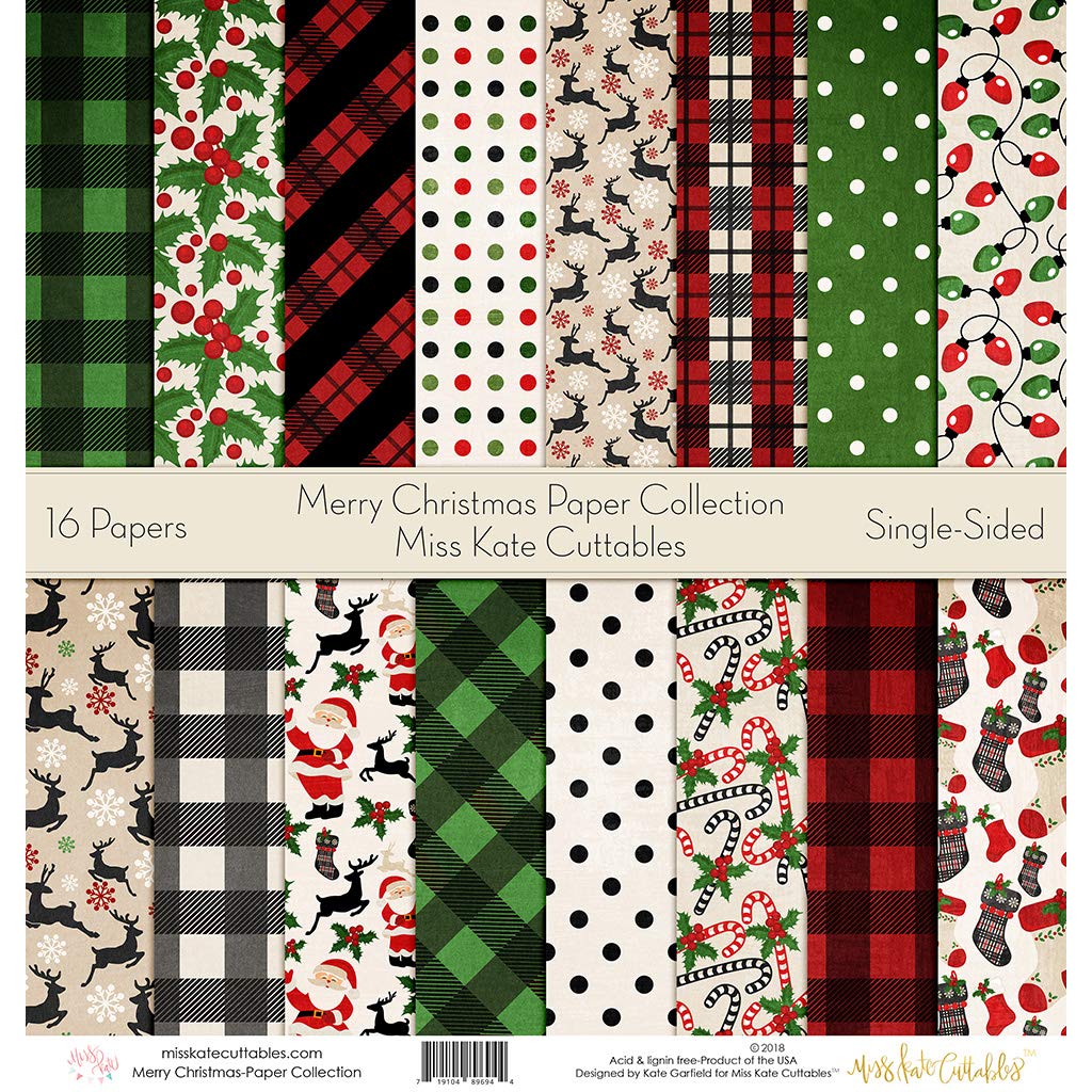 Miss Kate Cuttables Christmas Scrapbook Paper Pack - 16 Sheets 12x12 Single-Sided Patterned Specialty Paper for Holiday Card Making, DIY Crafts & Gift Wrapping - Merry Christmas Collection