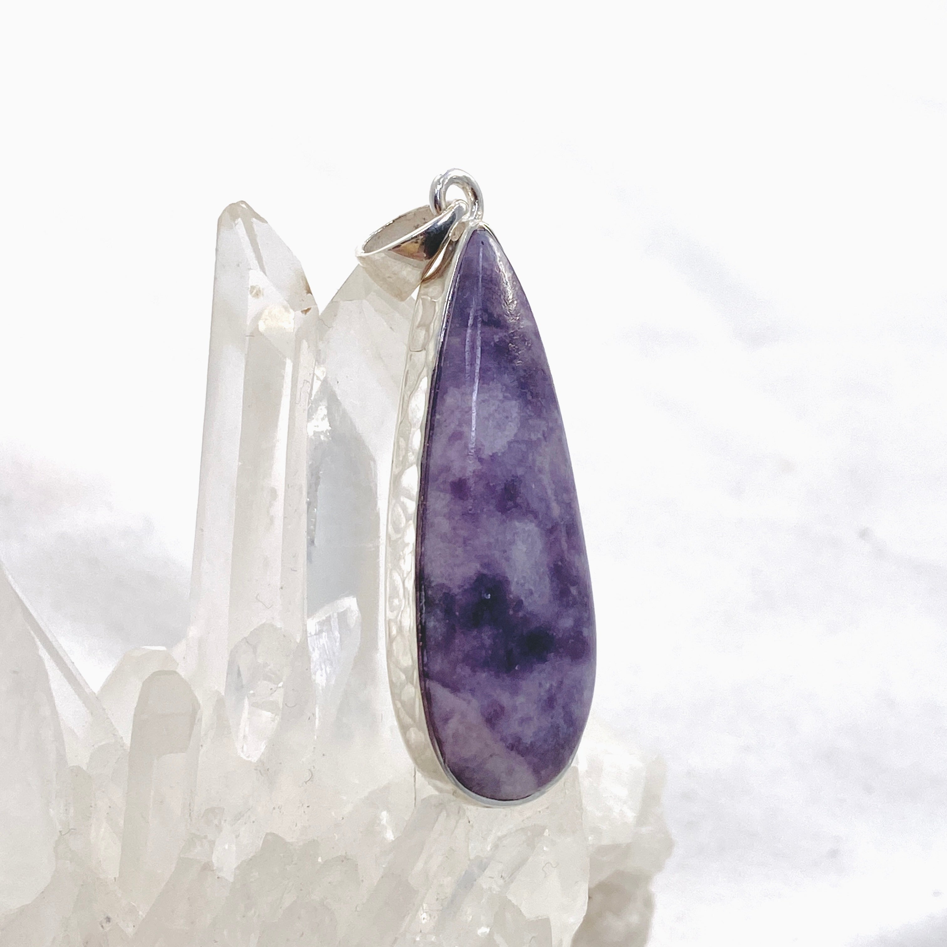 Lepidolite Teardrop Cabochon Pendant in Hammered Sterling Silver Setting KPGJ4610 - Healing Crystal Jewelry for Stress Relief & Meditation