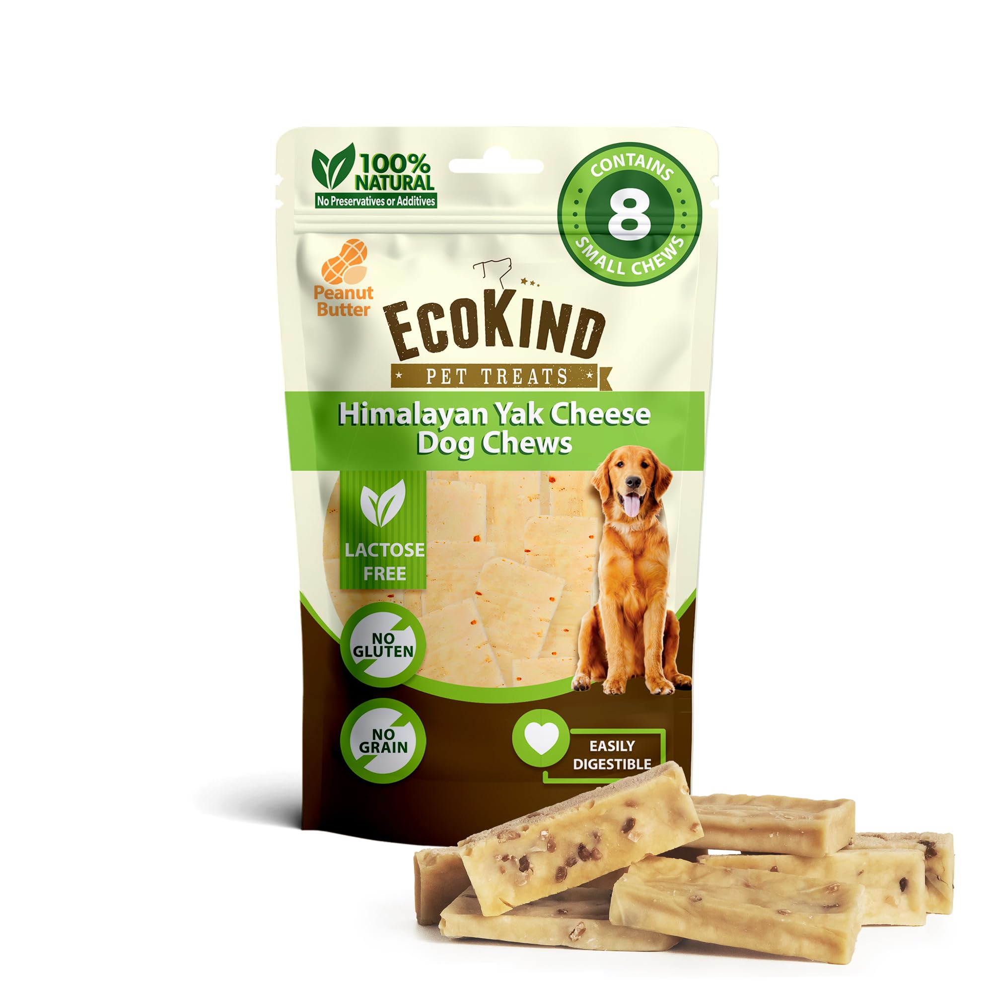 **EcoKind Premium Gold Yak Cheese Himalayan Dog Chews – All-Natural, High-Protein Healthy Dog Treats for Small Dogs, Peanut Butter Flavor (8 Chews) – Perfect for Training, Teething & Dental Health**