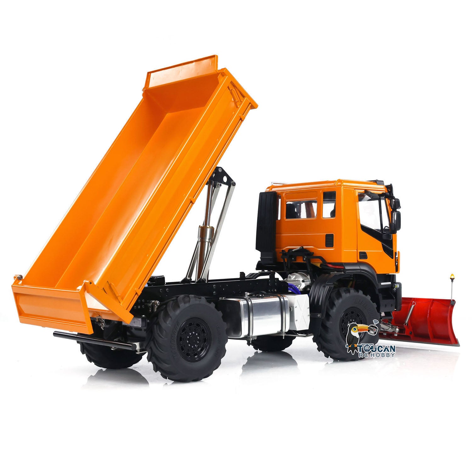 1/14 Scale 4x4 Metal RC Hydraulic Dump Truck with Remote Control - Snow Plow & Tipper Function, FlySky ST8 Controller, LED Lights & Sound Effects - Perfect for Construction Play, Winter Snow Removal & Off-Road Adventure