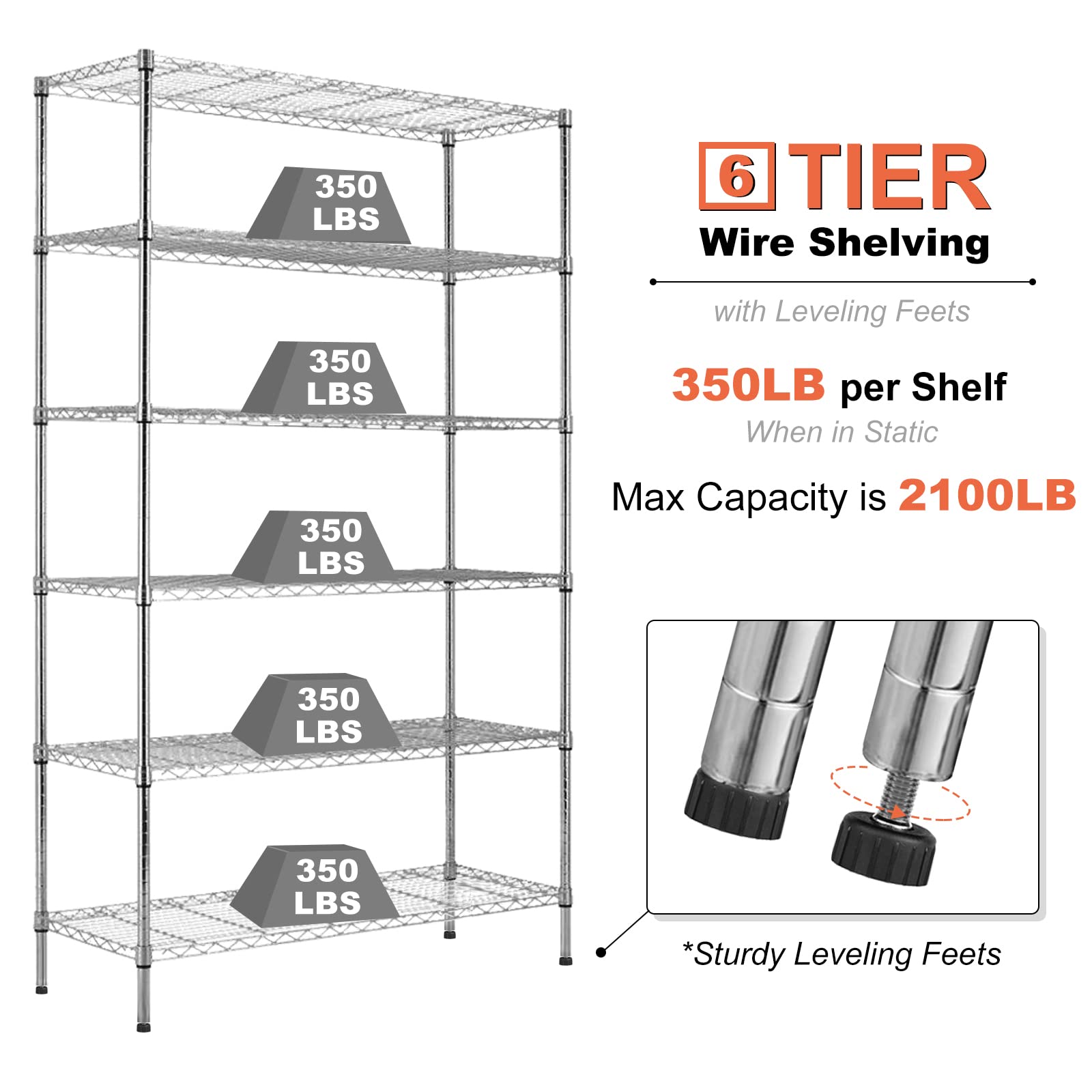 Heavy Duty 6-Tier Adjustable Metal Shelving Unit with Wheels - 2100LBS Capacity, NSF Certified for Kitchen & Garage - 82