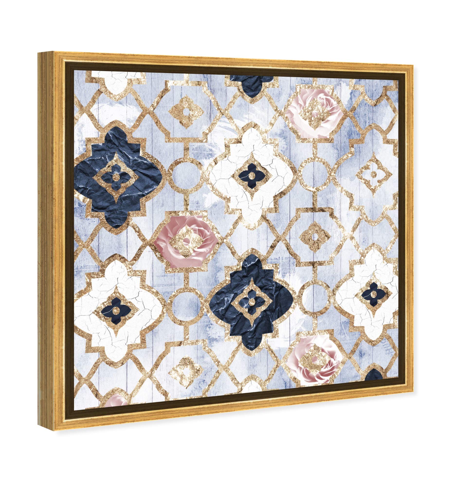 Abstract Framed Wall Art Canvas Print 'Rose Quartz Moroccan' Blue Home Decor 16x16 Inches - Perfect for Living Room, Bedroom & Office Décor