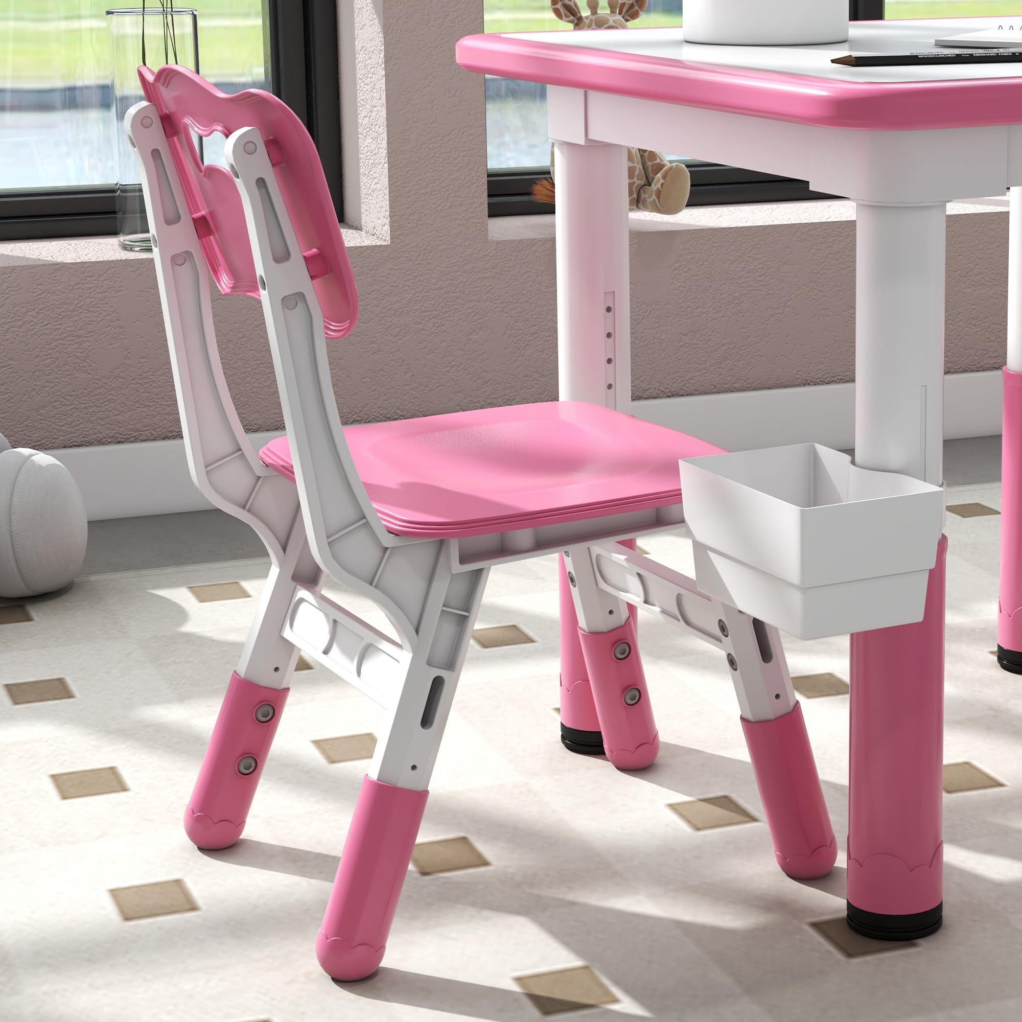 Qaba 3-Piece Kids Table and Chair Set - Adjustable Height Toddler Activity Table with Storage - Perfect for Playroom, Nursery, Classroom (Pink) | Ideal for Arts & Crafts, Snack Time, and Learning Activities