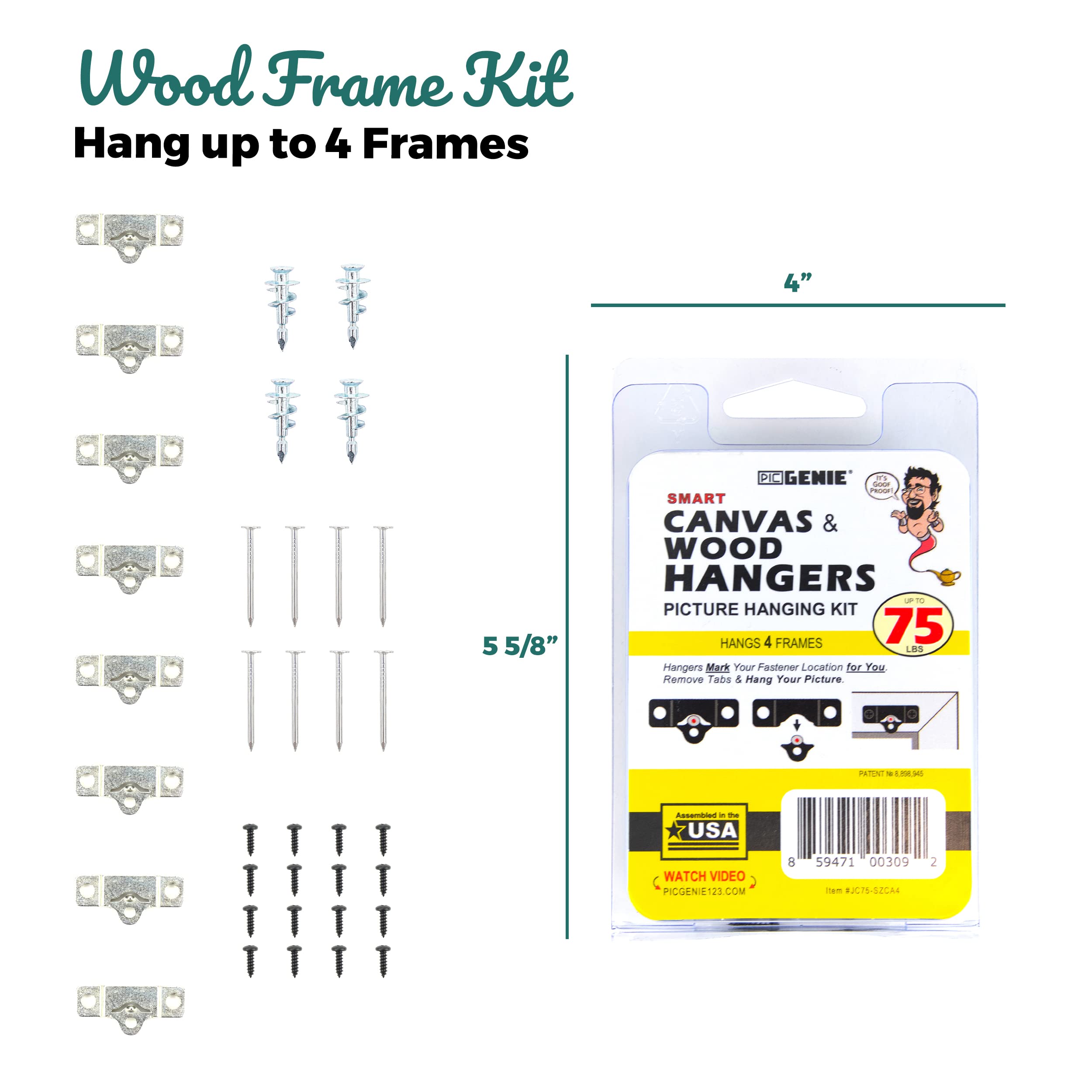 Patented Metal Picture Hanging Kit for 4 Frames (75lbs) - No Measuring Needed - Perfect for Photos & Paintings
