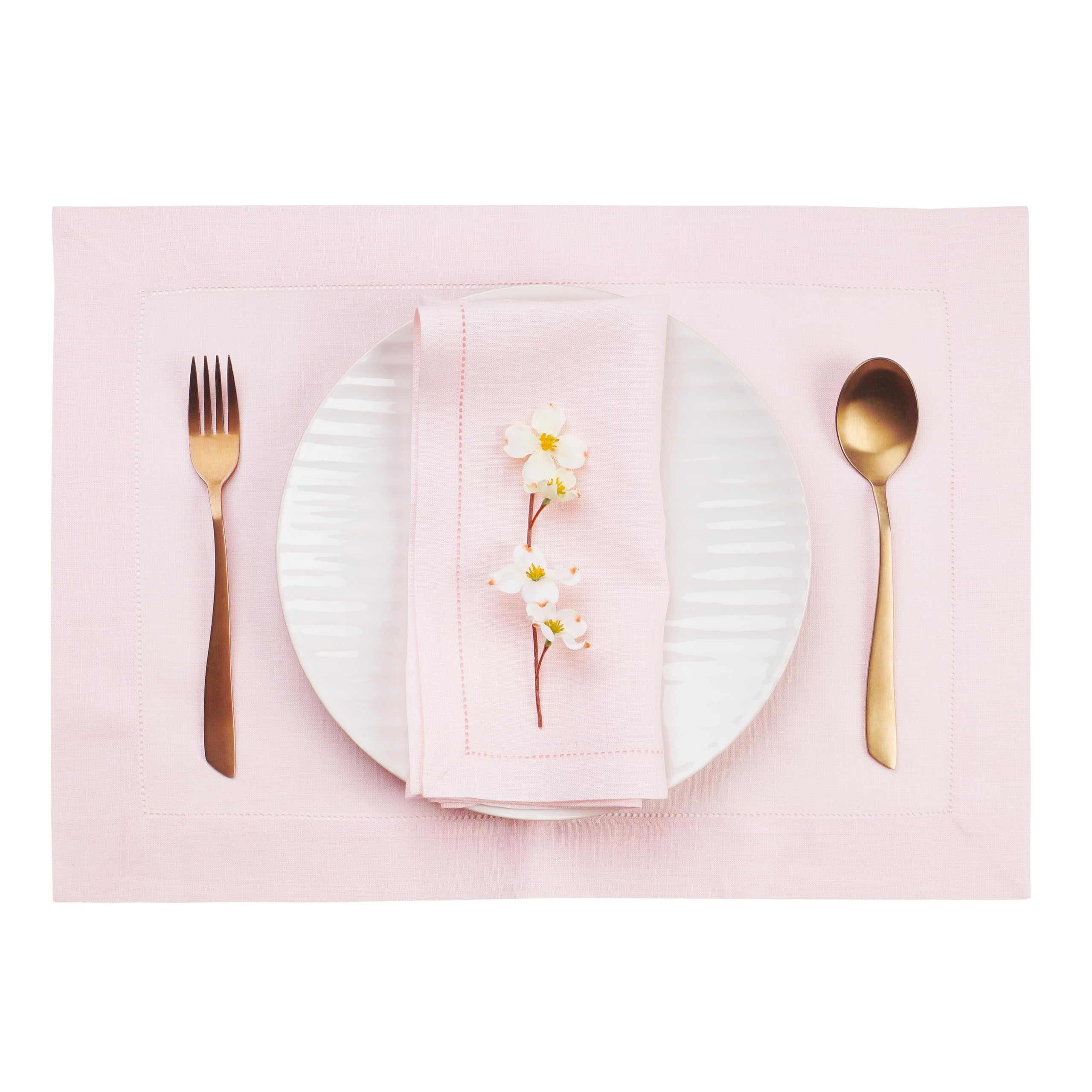 D'Moksha Homes 100% Pure Linen Placemats Set of 4 - 14x19 Inch Pastel Pink Table Mats with Classic Hemstitch, Washable Dining Table Decor for Easter, Spring Brunch, Wedding & Home Decor