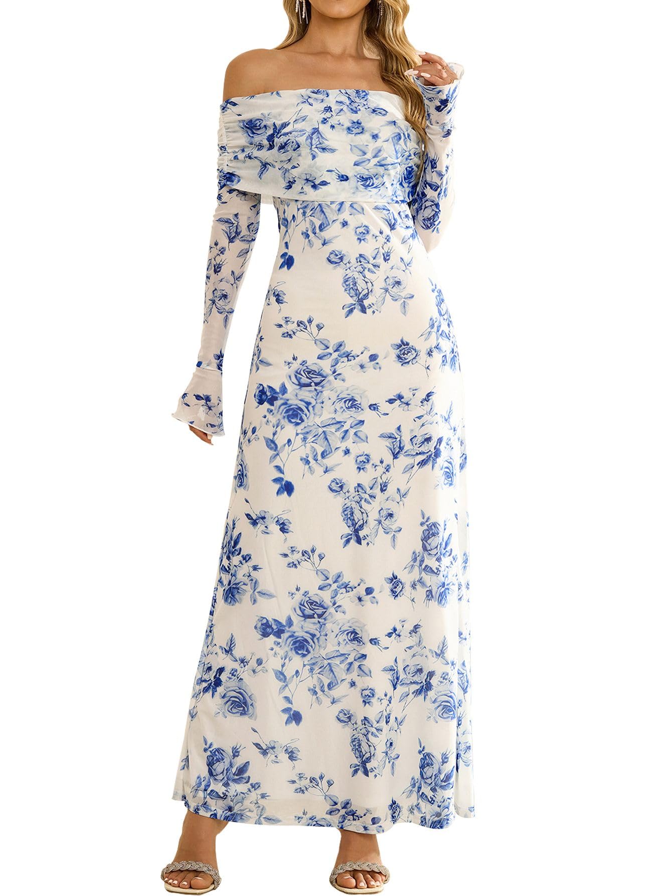 KUTUMAI Women's Off Shoulder Bodycon Maxi Dress with Long Sleeves - Mesh Ruched Party Gown for Wedding Guest, Formal Occasions & Evening Events