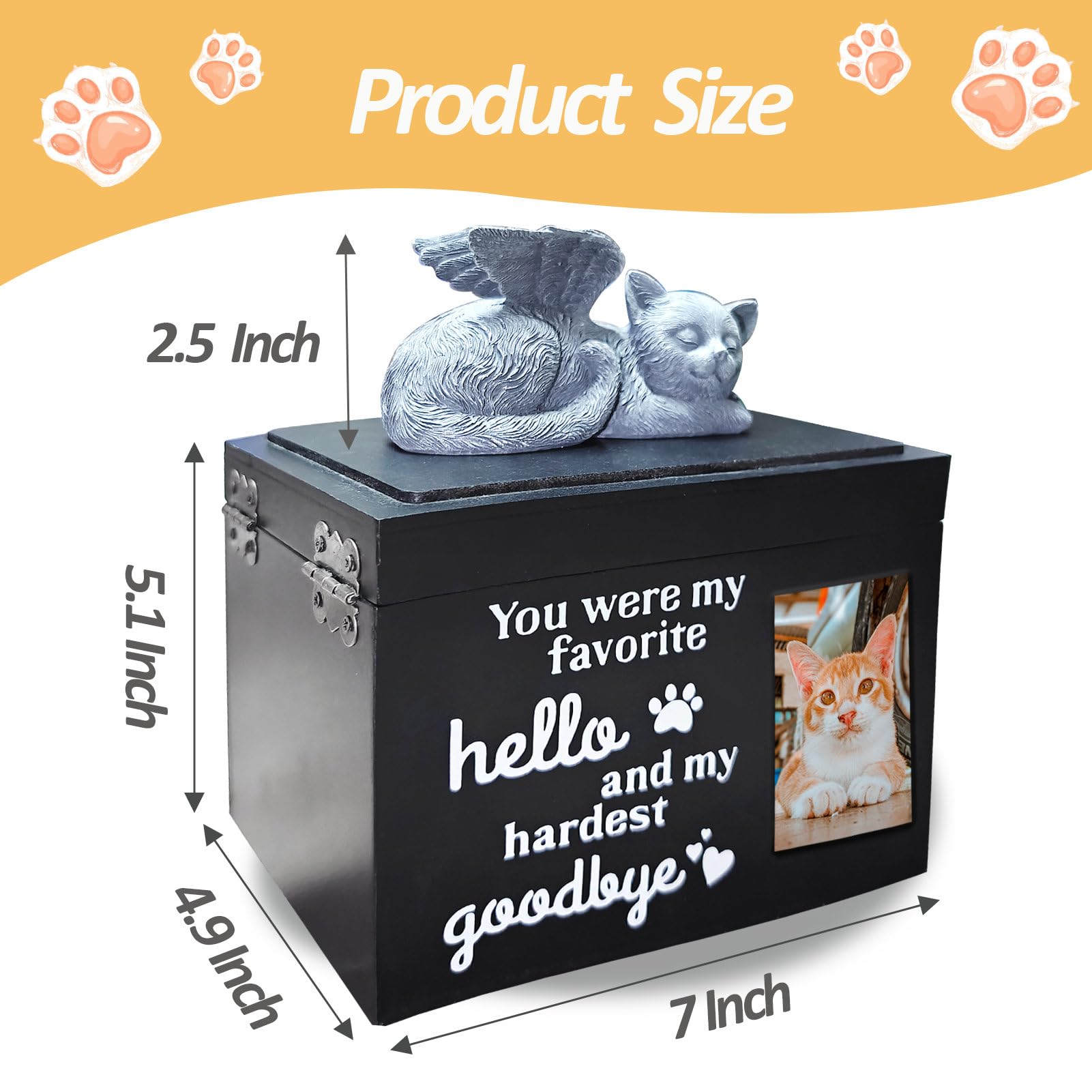 Premium Wooden Cat Urn for Ashes - Elegant Black Pet Cremation Box with Angel Charm | Memorial Keepsake for Beloved Cats | Perfect for Home Memorials & Pet Loss Comfort