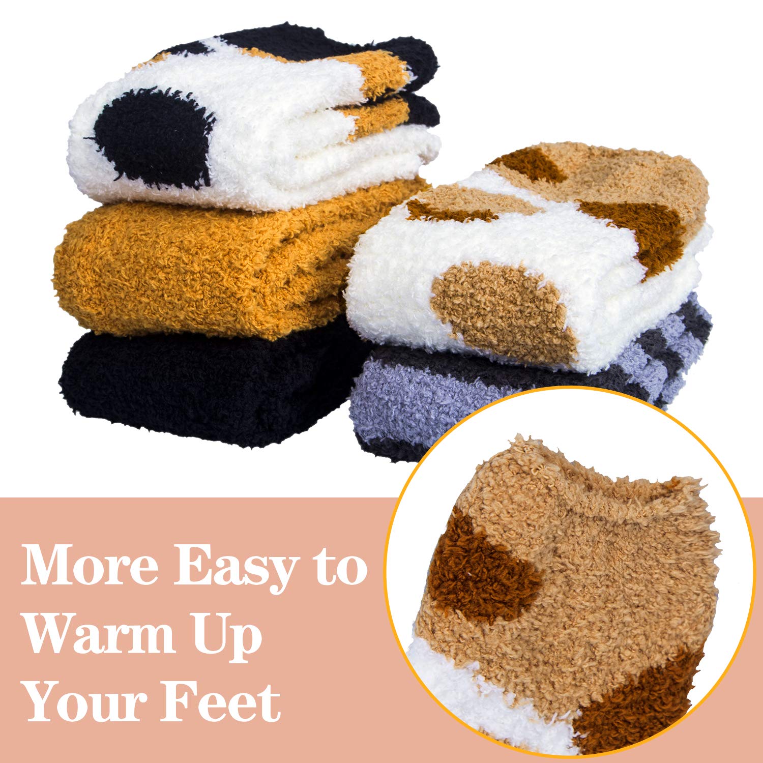 Cozy Cat Fuzzy Socks for Women - 5 Pairs Warm Winter Slippers for Gifts & Stocking Stuffers