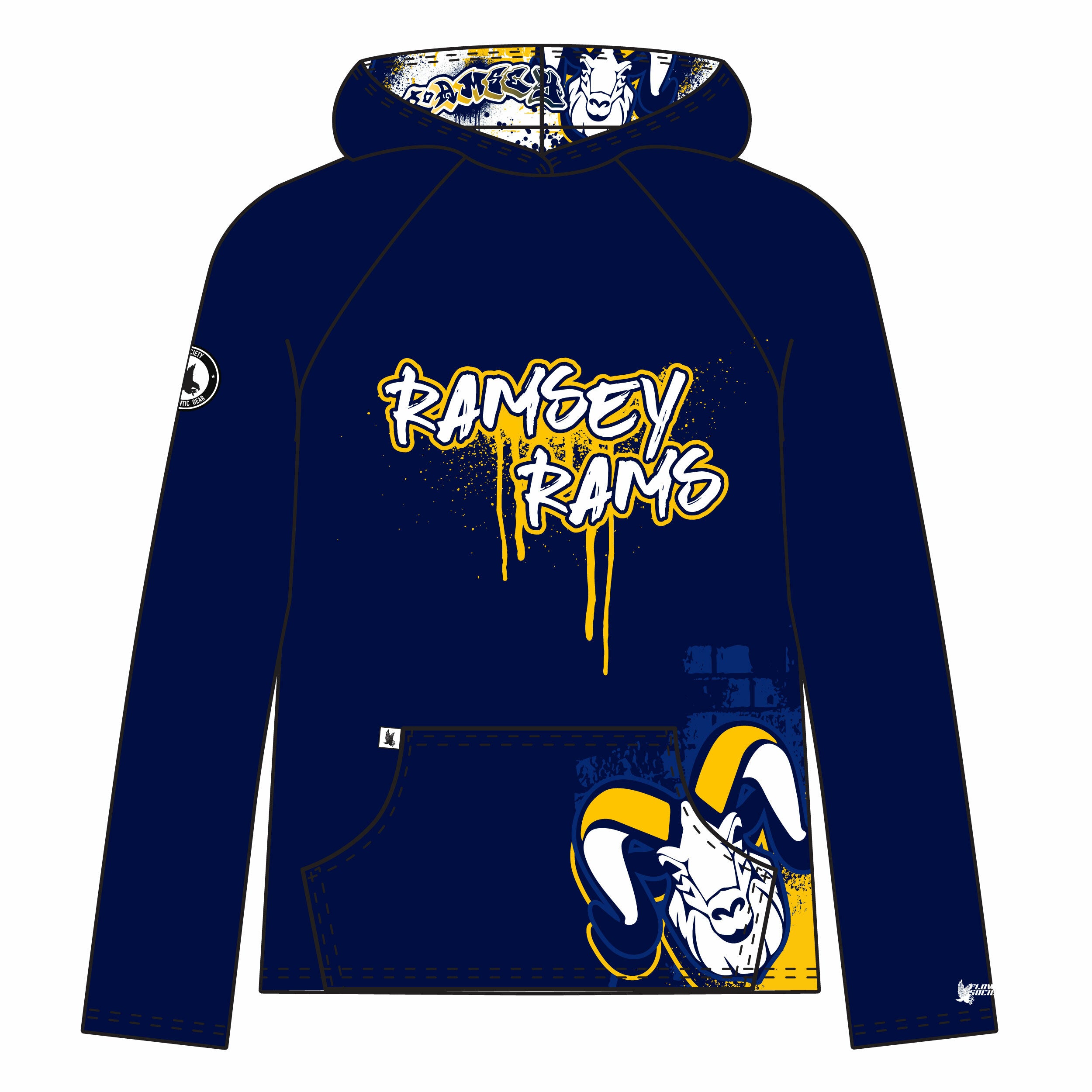 Youth & Adult Ramsey Rams Graffiti Navy Hoodie - Unisex Pullover Sweatshirt for School Spirit & Casual Wear | Perfect for Game Day, College Apparel & Street Style Fashion
