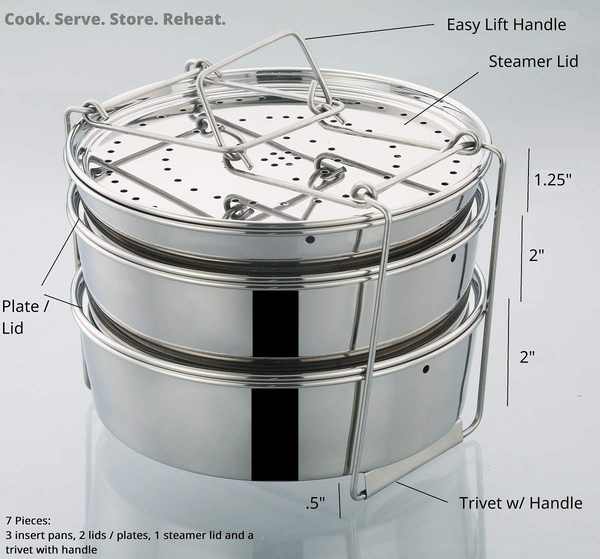 Premium 3-Tier Stainless Steel Stacking Insert Pans for 6 Quart Instant Pot - Steamer Cooker Set with Lids, Plates & Trivet - Perfect for Cooking, Serving, Storing & Reheating Meals - Ideal for Meal Prep, Family Dinners & Healthy Eating