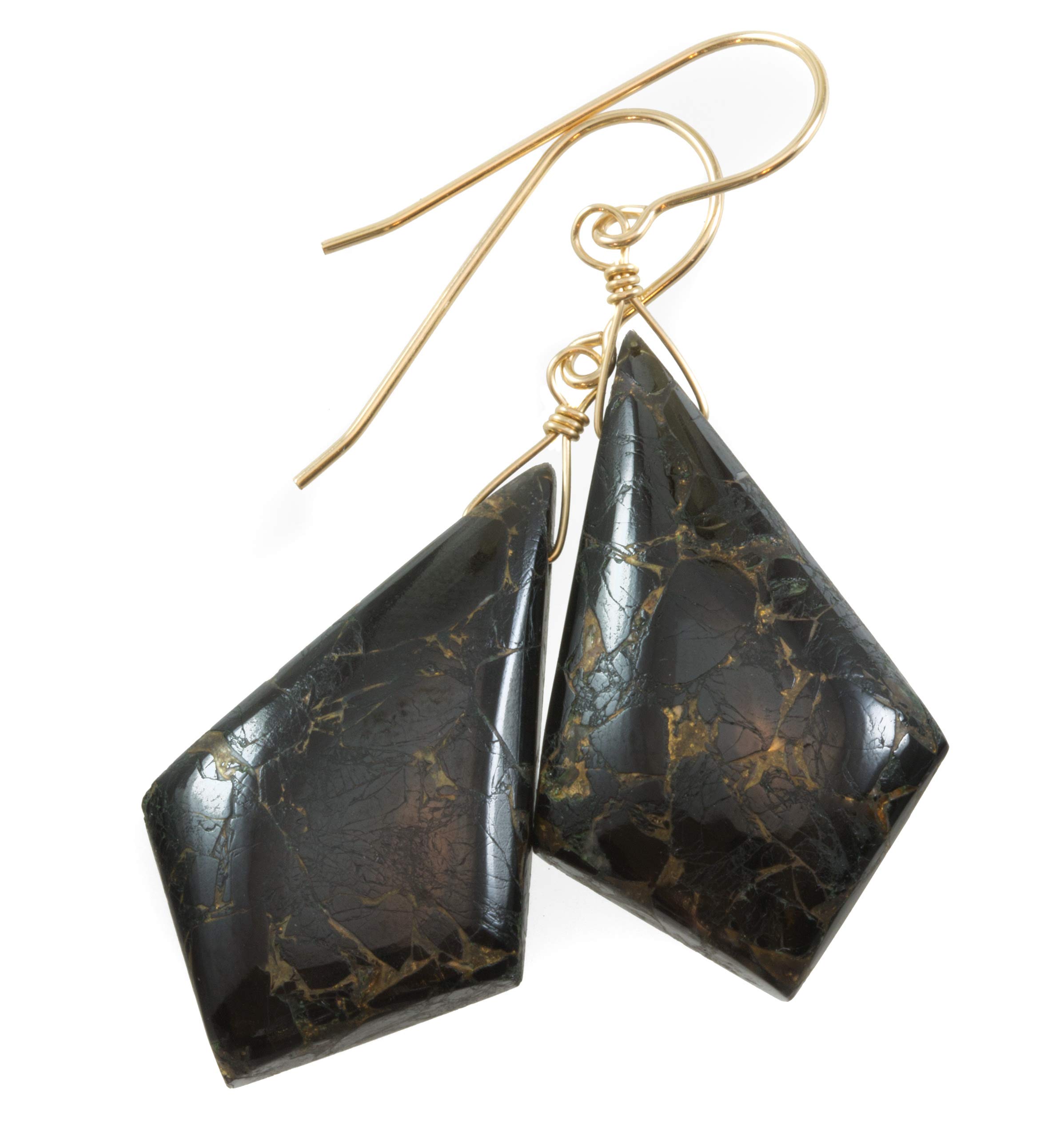 Black Copper Mosaic Obsidian Earrings - Smooth Pointed Teardrop Dangle Earrings, 2 Inch Free Hanging Drops for Women | Perfect for Casual Wear, Date Night & Special Occasions