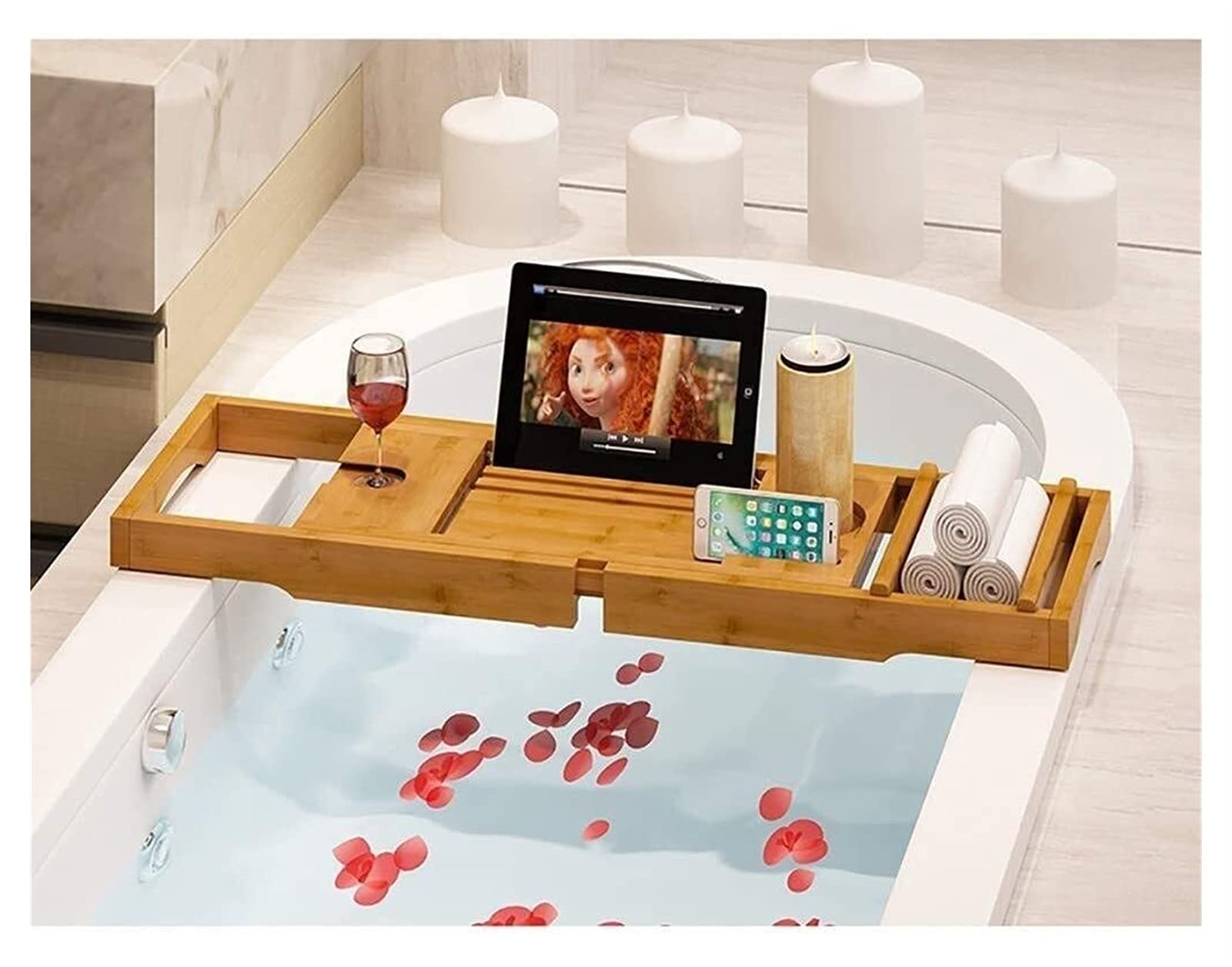 Luxury Wooden Bathtub Tray - Foldable Bath Shelf & Caddy with Holder for Spa, Bathroom Relaxation | Perfect for Books, Wine, Candles & Bath Essentials