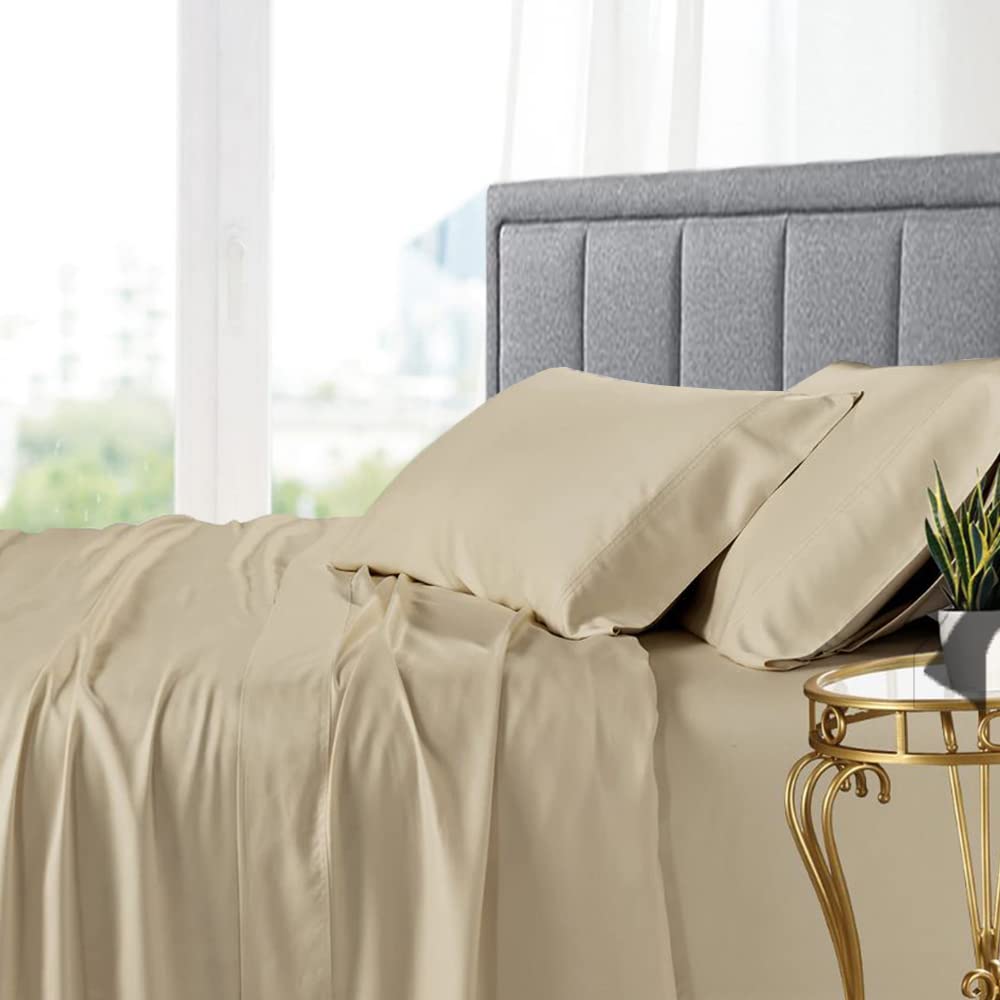 Premium 100% Bamboo Queen Sheet Set - 4-Piece Silky Soft & Breathable Deep Pocket Bedding in Relaxing Linen | Cooling, Moisture-Wicking, Temperature Regulating Fabric for Hot Sleepers | Perfect for Summer Nights & Year-Round Comfort