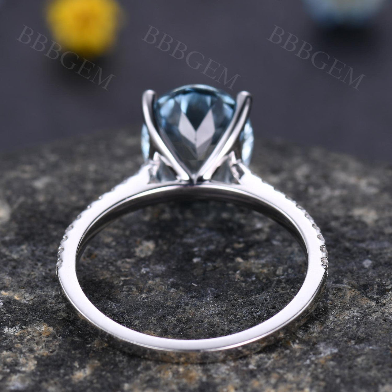 14K White Gold Oval Cut Aquamarine Solitaire Ring with Half Eternity Diamond Accents - Perfect for Engagement, Anniversary & Special Occasion Gifts