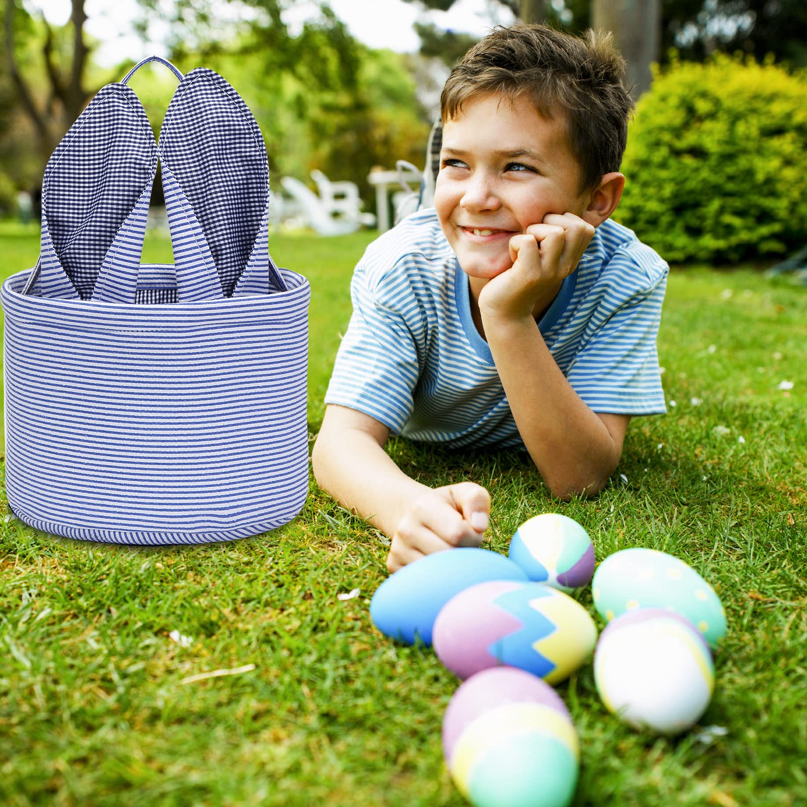 Personalized Easter Bunny Basket - Seersucker Blue Egg Candy Bag with Fluffy Tail for Kids | Cute Rabbit Print Gift Bucket for Easter Egg Hunt, Party Favors & Spring Celebrations