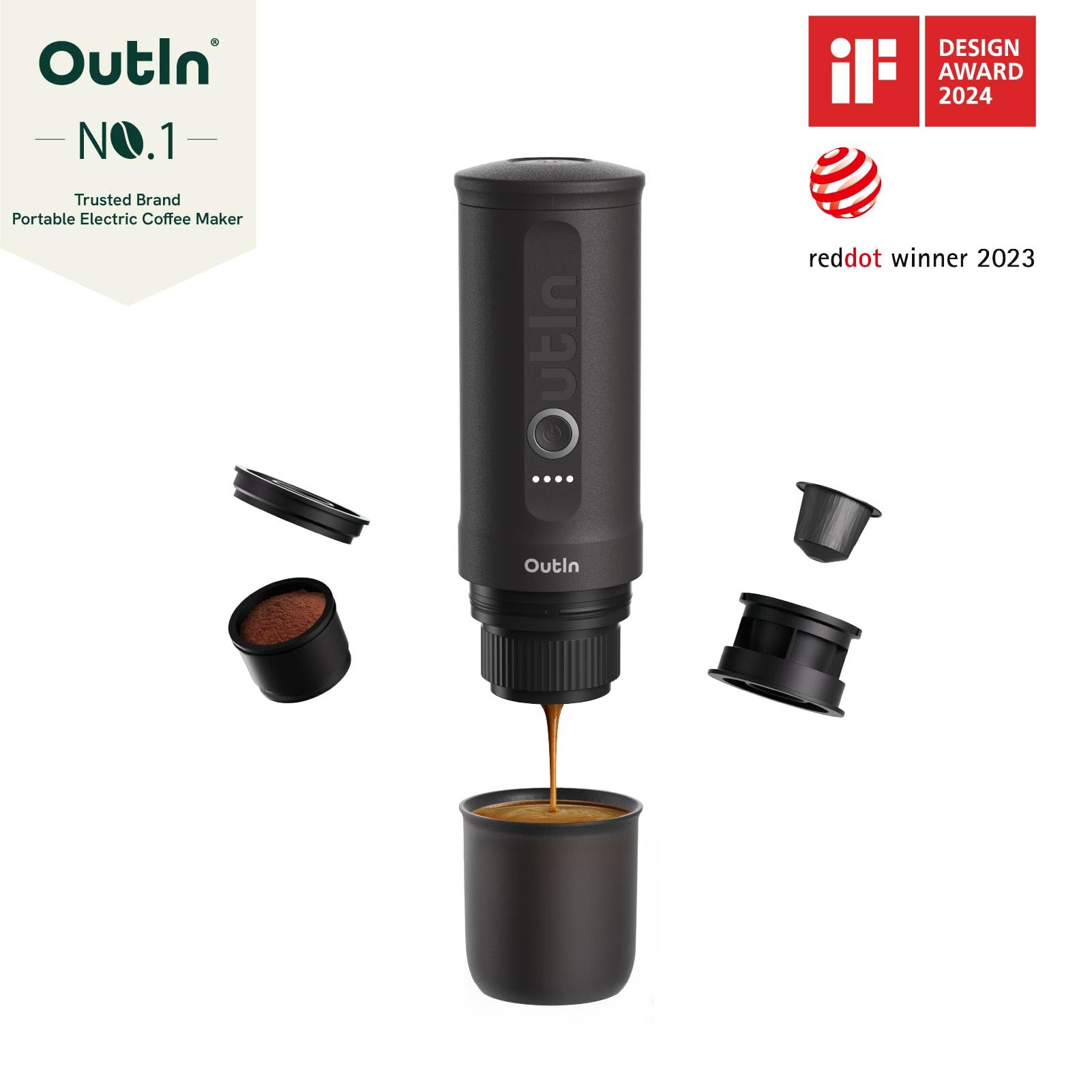 OutIn Nano Portable Electric Espresso Machine - USB-C Travel Coffee Maker for Camping, Car, RV & Office | Self-Heating with Ground Coffee & NS Capsule Compatibility | Perfect for Hiking, Road Trips & Work Breaks
