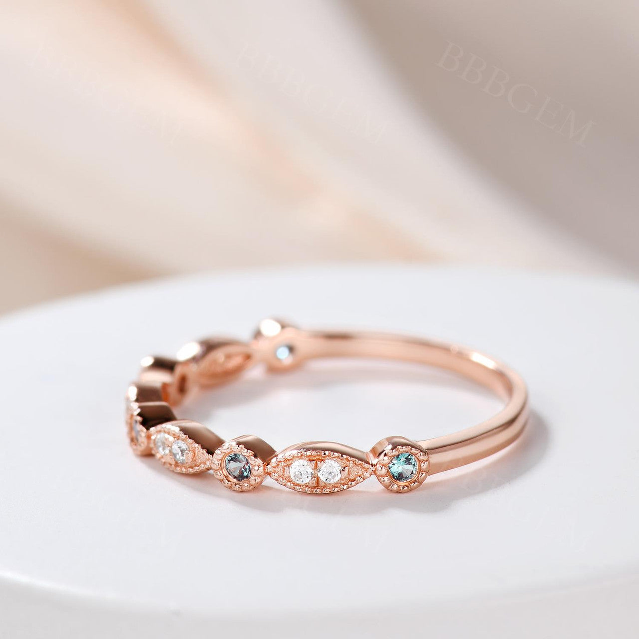 Exquisite Marquise & Round Alexandrite Diamond Wedding Ring - 14K Rose Gold Milgrain Half Eternity Band for Women | Perfect Anniversary Gift, Engagement Ring & Bridal Jewelry for Special Occasions