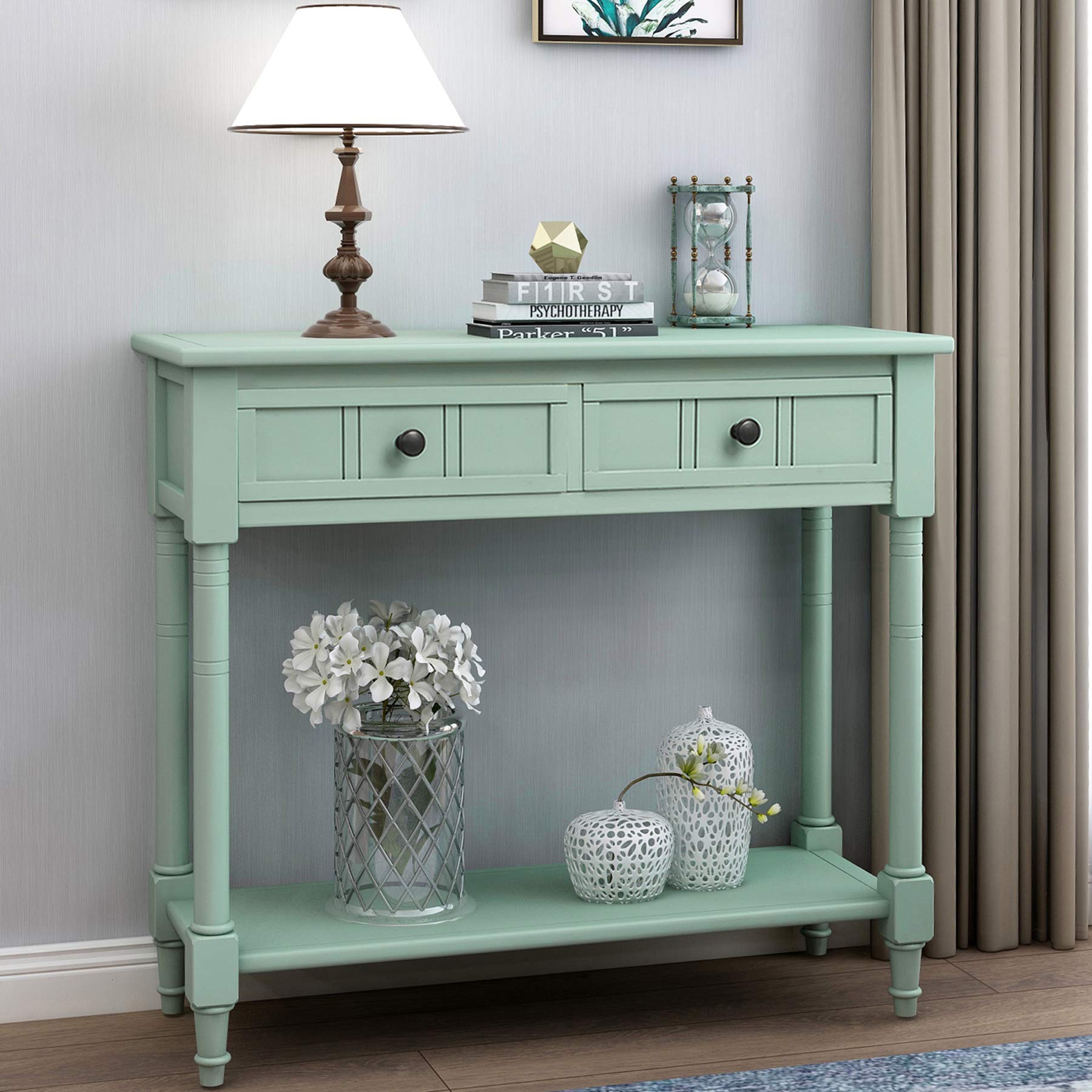 P PURLOVE Wooden Console Table with 2 Drawers & Bottom Shelf - Modern Sofa Table Sideboard for Living Room, Bedroom, Entryway (Tiffany Blue) - Perfect for Hallway Storage & Home Decor