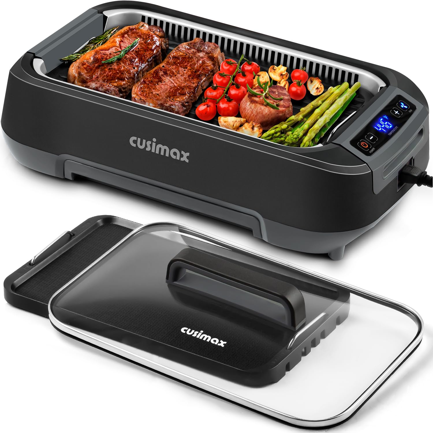 CUSIMAX 1500W Electric Smokeless Indoor Grill with Non-Stick Removable Plates, Korean BBQ Grill with LED Display & Tempered Glass Lid – Perfect for Home Cooking, Family Gatherings & Healthy Meals