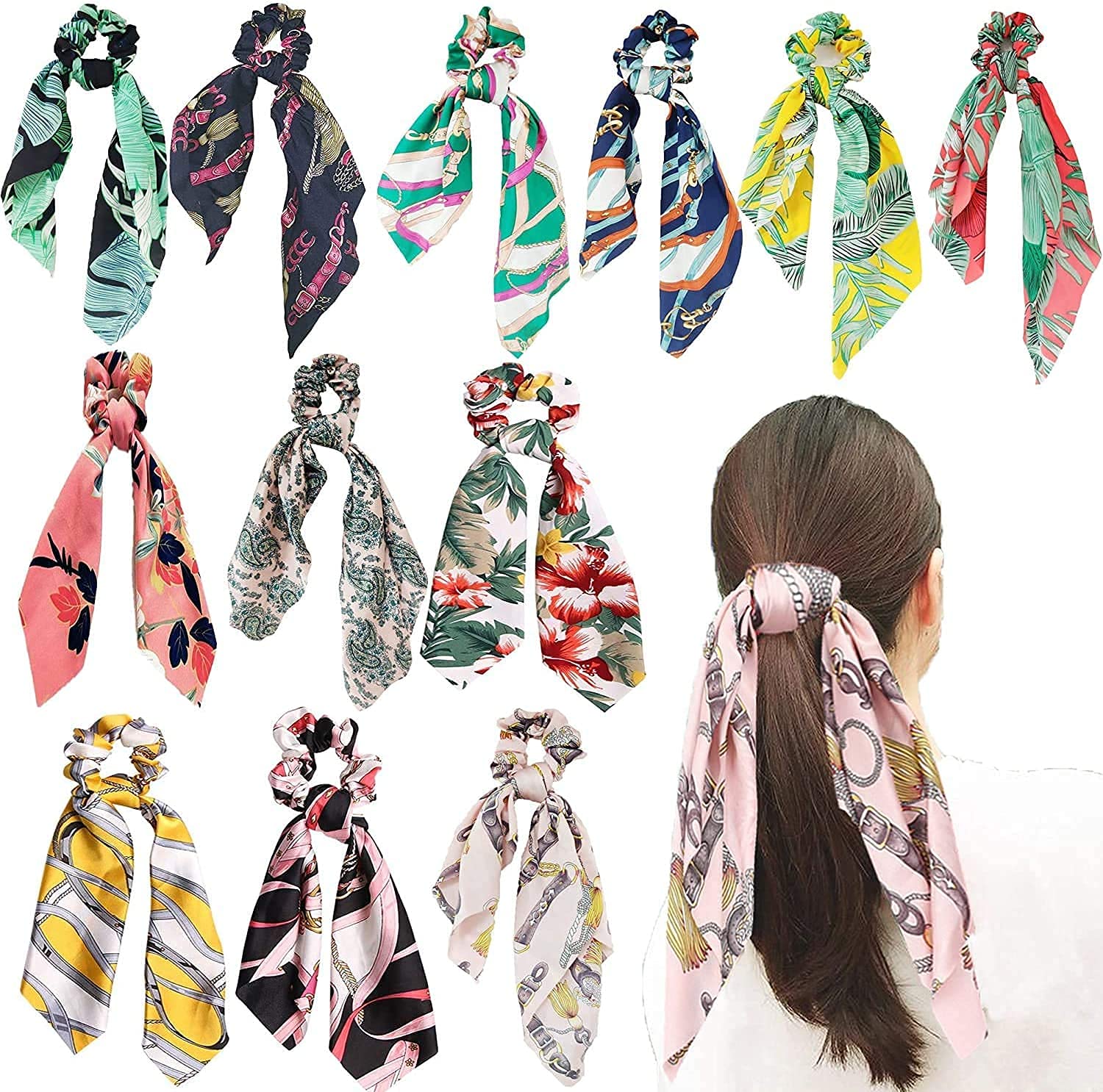 12 Pack Printed Elastic Scrunchies Hair Ties for Women & Girls - Soft Fabric Hair Bands in 12 Random Designs - Perfect for School, Workout, Sports and Everyday Hair Accessories