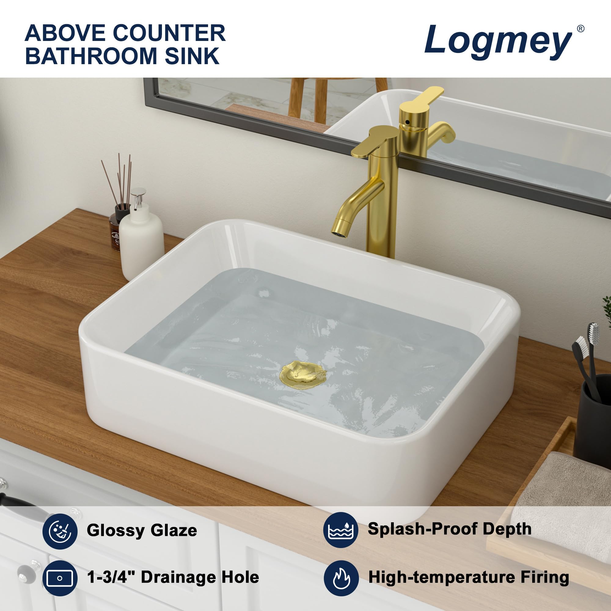 Logmey 19 Inch White Porcelain Bathroom Vessel Sink - Modern Rectangular Ceramic Countertop Basin (19x15 Inch) for Vanity, Powder Room & Master Bath | Above Counter Installation
