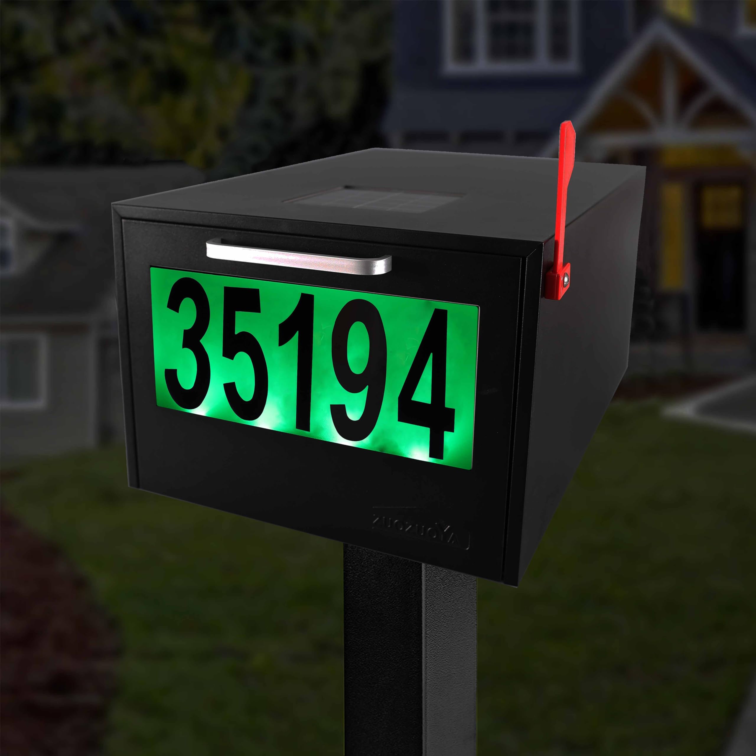 Black Post Mount Mailbox with Solar-Powered LED Numbers - 2 Lighting Modes, Large Capacity & Infrared Sensor for Night Illumination - Durable Iron Mailbox for Outdoor Use - Perfect for Driveway, Front Yard, and Rural Home Security