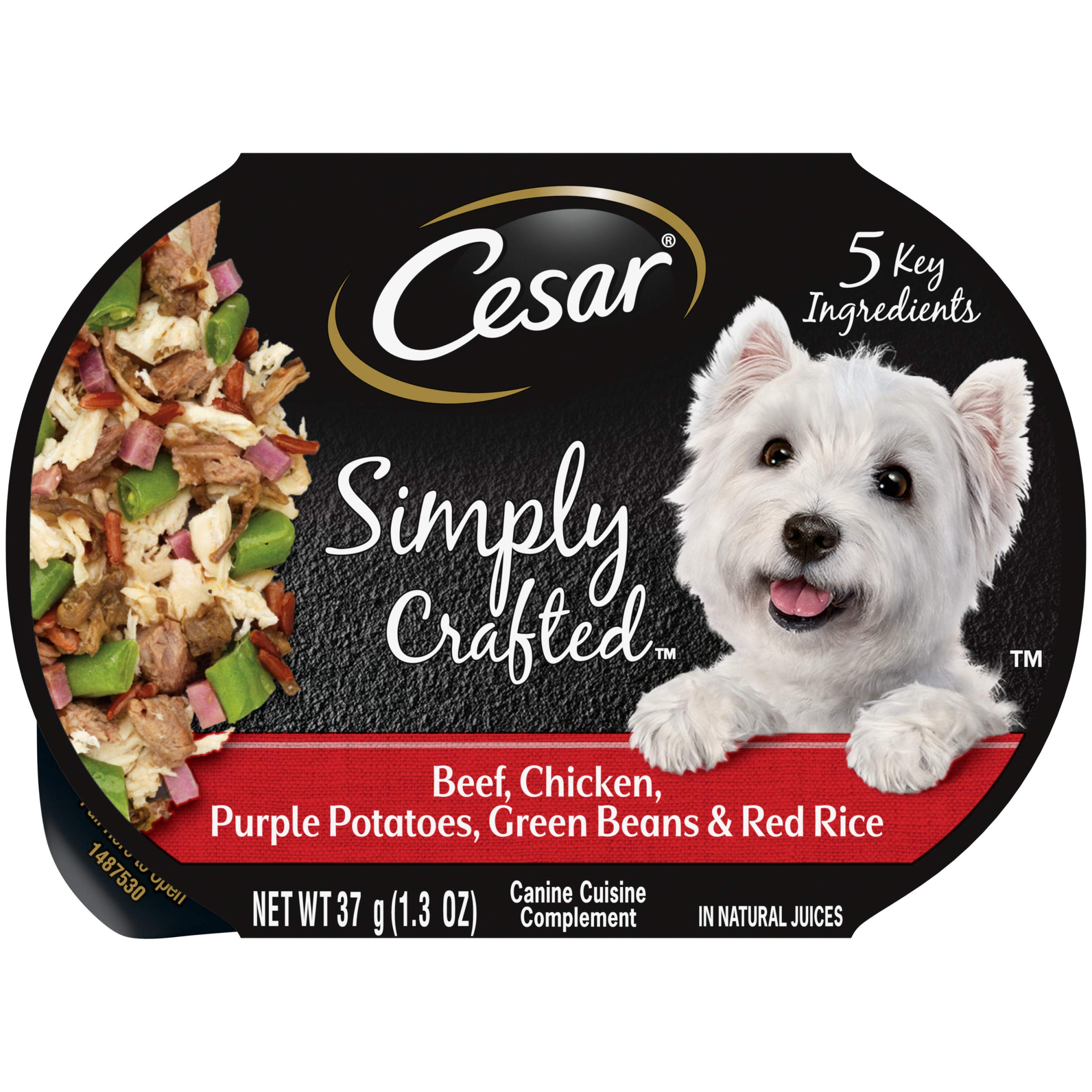 CESAR SIMPLY CRAFTED Adult Soft Wet Dog Food Meal Topper - Beef & Chicken Recipe with Purple Potatoes, Green Beans & Red Rice - 1.3 oz Tubs (Pack of 10) - Perfect for Picky Eaters & Senior Dogs