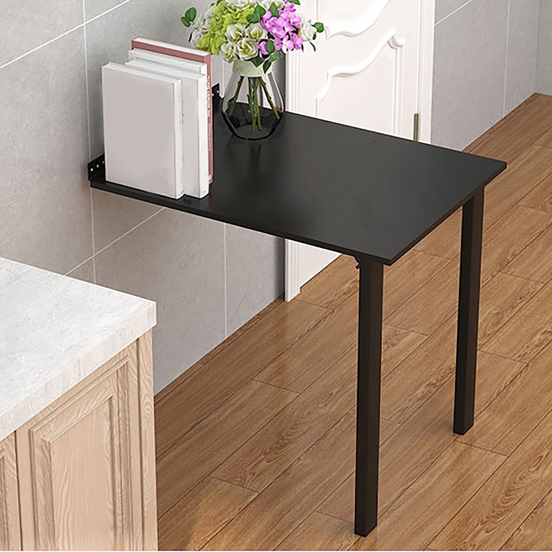 Foldable Wall Mounted Dining Table & Drop-Leaf Computer Desk - Space Saving Floating Workstation with Wood Shelves for Home Office (Black, 80x50cm/31x20in) - Perfect for Small Apartments, Dorm Rooms & Multi-Purpose Workspaces