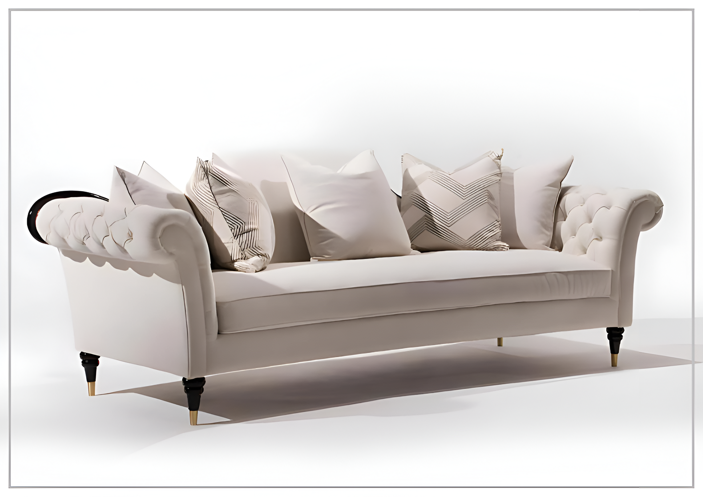 Klaussner Darla 3-Seater Beige Fabric Sofa with Tufted Rolled Arms - Modern Living Room Furniture for Small Spaces & Cozy Home Decor