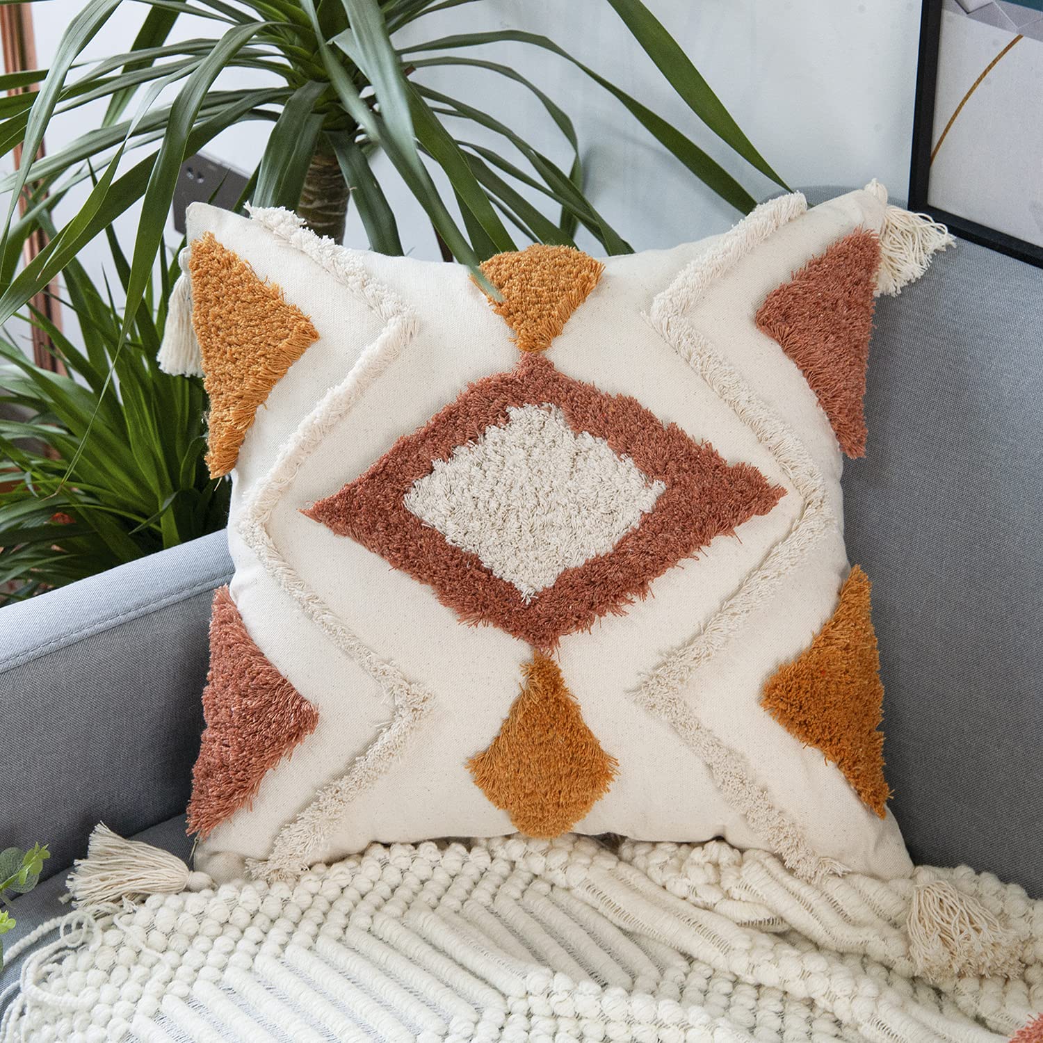 Bohemian Throw Pillow Covers 20x20 Inch - Woven Tufted Decorative Cushion Covers with Tassels for Sofa, Couch, Bed & Living Room - Perfect for Boho Home Decor, Cozy Reading Nook and Lounge Area