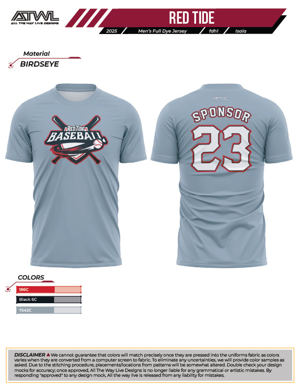 Red Tide Men's Cut Practice Full Dye Lacrosse Jersey (Gray) - Lightweight & Breathable for Lacrosse Training & Games