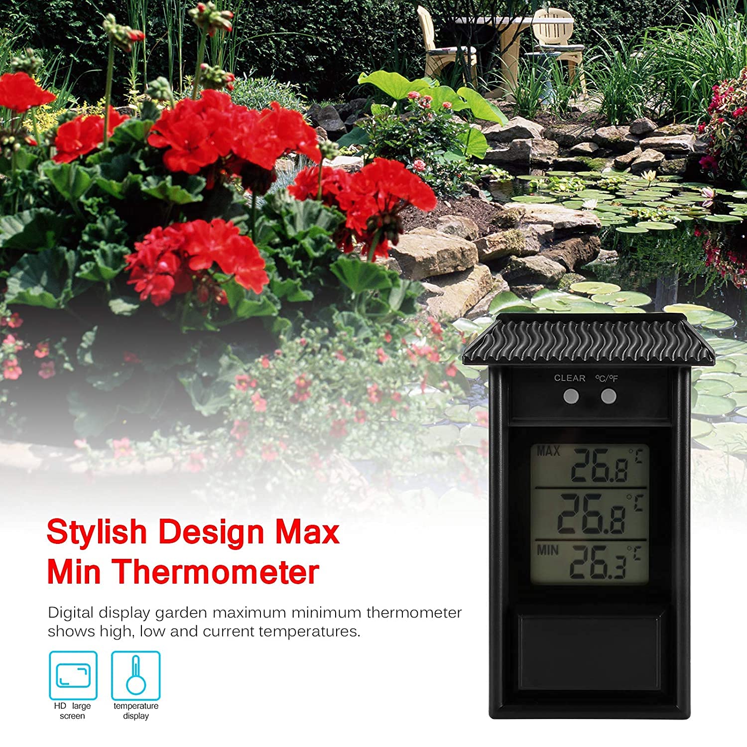 **Digital Max Min Greenhouse Thermometer - Indoor/Outdoor Temperature Monitor with Hook & Hole for Wall Mounting - Perfect for Home, Garden, Greenhouse, and Plant Nurseries (Black)**