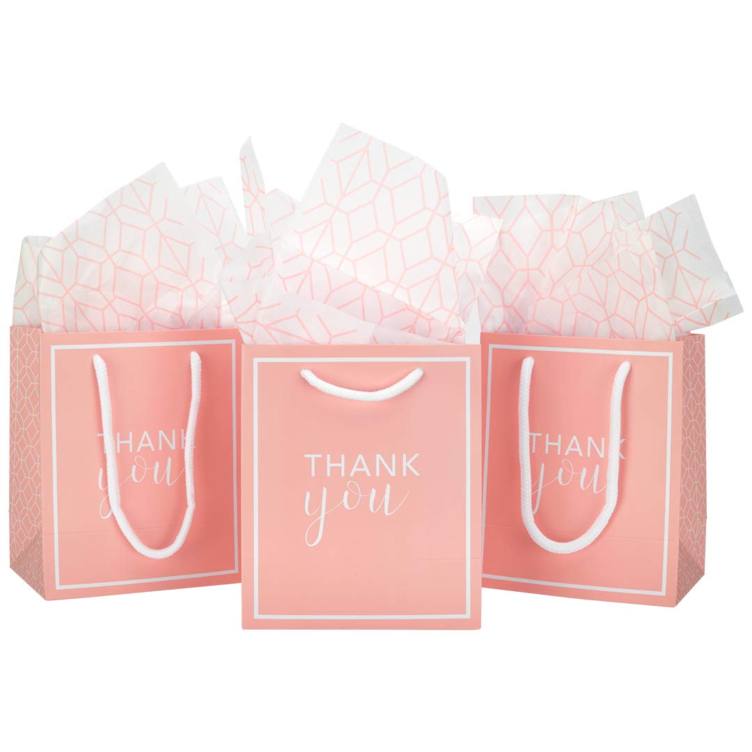 Andaz Press Thank You Party Gift Bags with Handles - 5x6 Inches, 25 Pack Blush Pink Geometric Favor Bags for Weddings, Baby Showers & Birthday Parties - Includes Tissue Paper for Elegant Gift Wrapping
