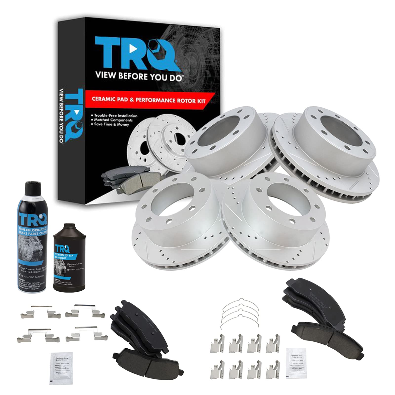 TRQ Ceramic Brake Pads Front & Rear Kit with Chemicals - High Performance Rotor Brake Pads for Smooth Stopping - Perfect for Daily Commuting, City Driving & Highway Use