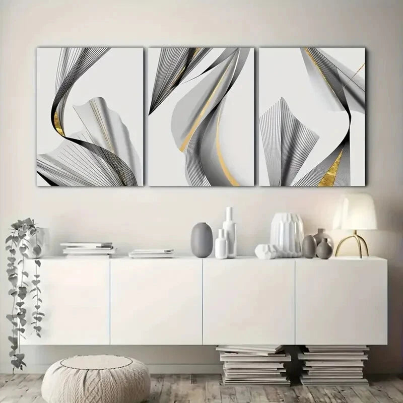 3pcs Black and Gold Line Minimalist Metal Wall Art Prints - Ready to Hang Modern Home Decor for Living Room, Bedroom & Office