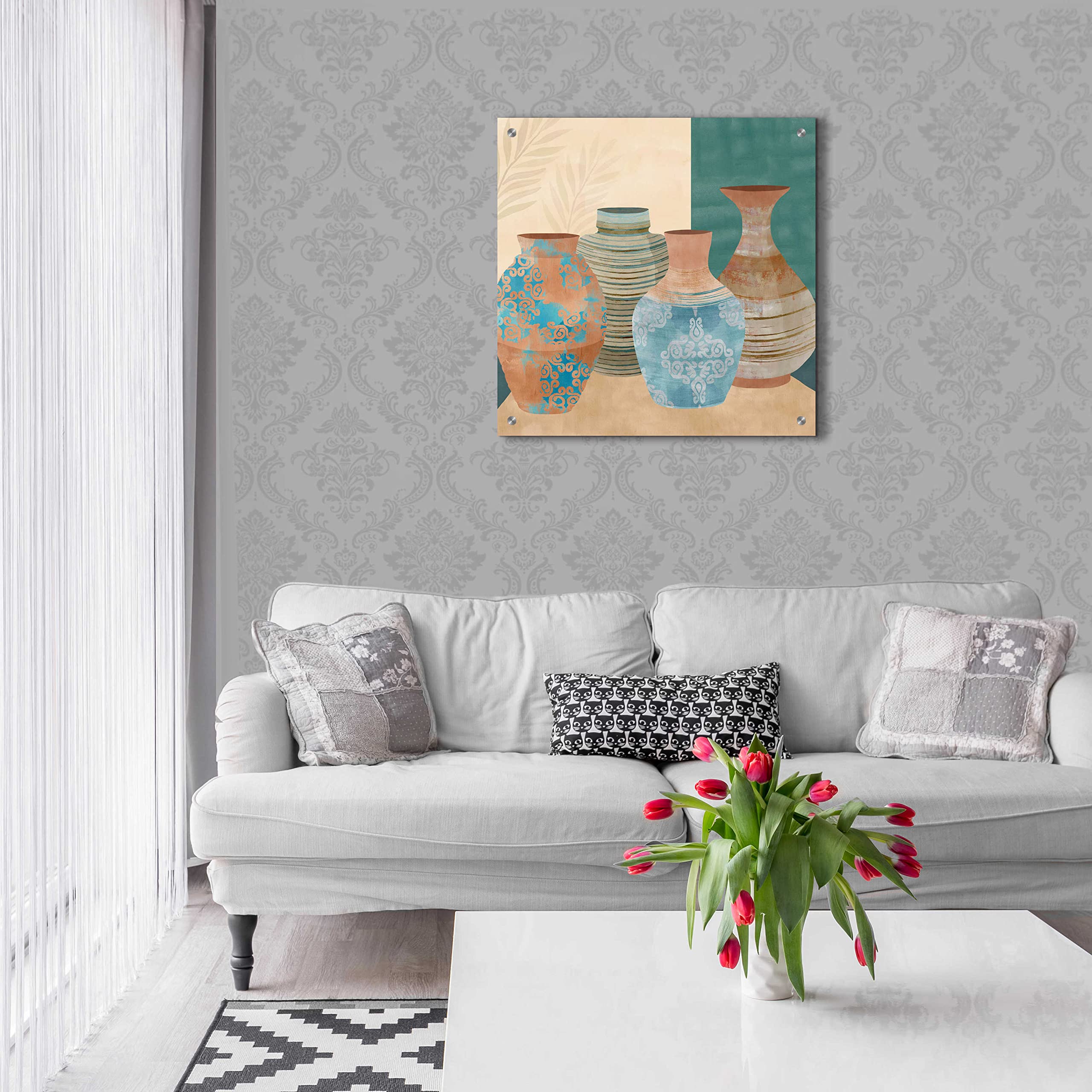 Flora Kouta 'Earthenware Pots II' Acrylic Glass Wall Art Print - 24x24 Inches Modern Home Decor for Living Room, Bedroom, Office