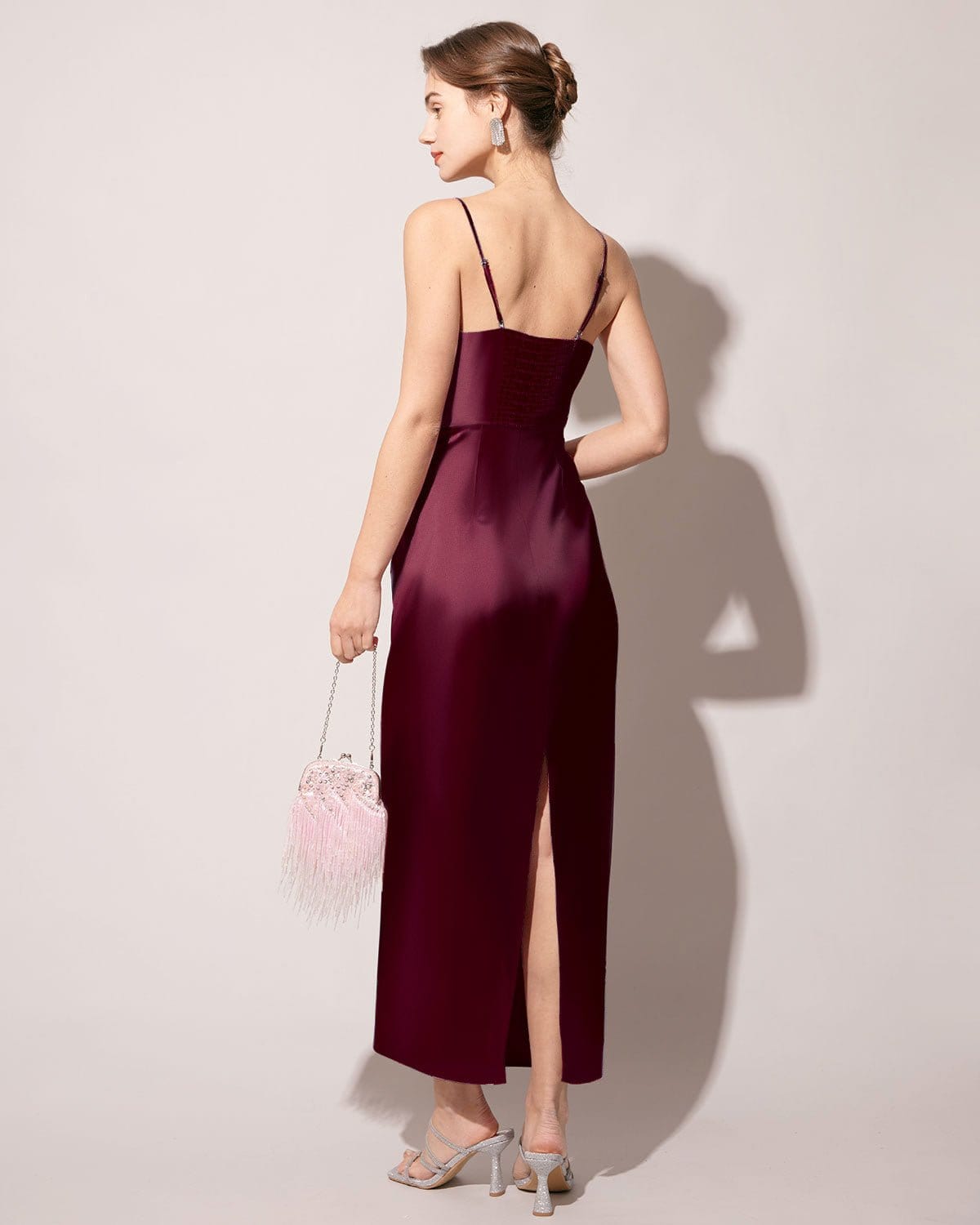 Elegant Red Back Slit Satin Sling Maxi Dress for Women - Sexy Evening Gown for Parties, Date Nights & Special Occasions