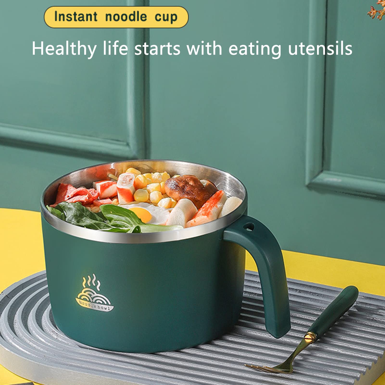 Stainless Steel Instant Noodles Bowl with Lid - 900ML Double Layer Thermal Soup Bowl, Insulated Lunch Box for Cooking & Storing Food - Perfect for Home, Kitchen, Office & Camping (Green)