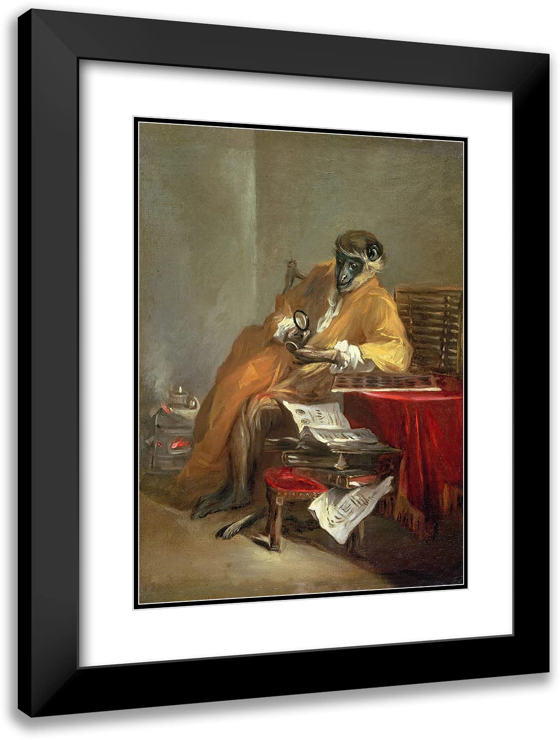 Jean-Baptiste-Siméon Chardin 'The Monkey Antiquarian' (1740) 19x24 Black Modern Framed Museum Art Print with Double Mat - Classic French Still Life Painting for Home Decor, Office Wall Art & Gift