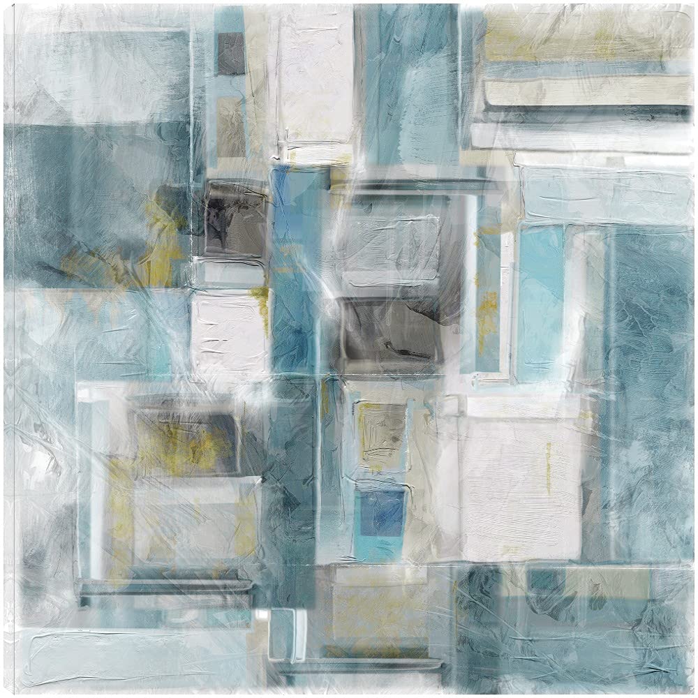 Cubist Blue Canvas Wall Art - Modern Abstract Painting for Home & Office Decor - 37x37 Inch Ready to Hang Fine Art Print - Perfect for Living Room, Bedroom, Bathroom, Kitchen, Office, Bar & Dining Room - Wall Decor Gift Idea