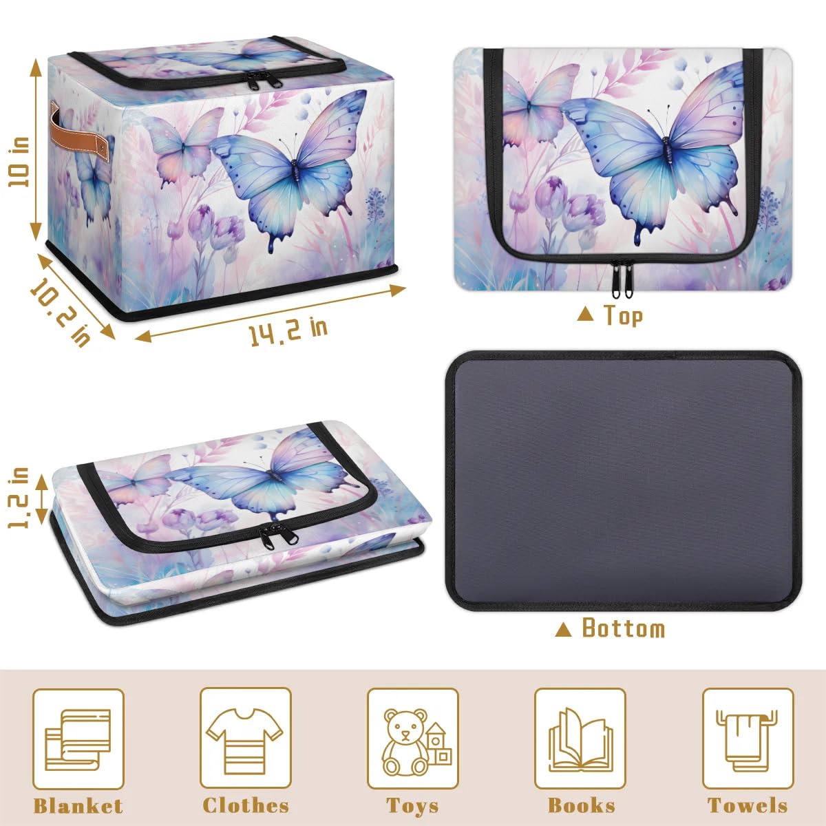 Beautiful Butterfly Storage Boxes with Sturdy Handles & Zipper Lids - 2 Pack Organizer for Clothes, Toys, Blankets | Perfect for Kids' Room, Nursery, and Home Organization